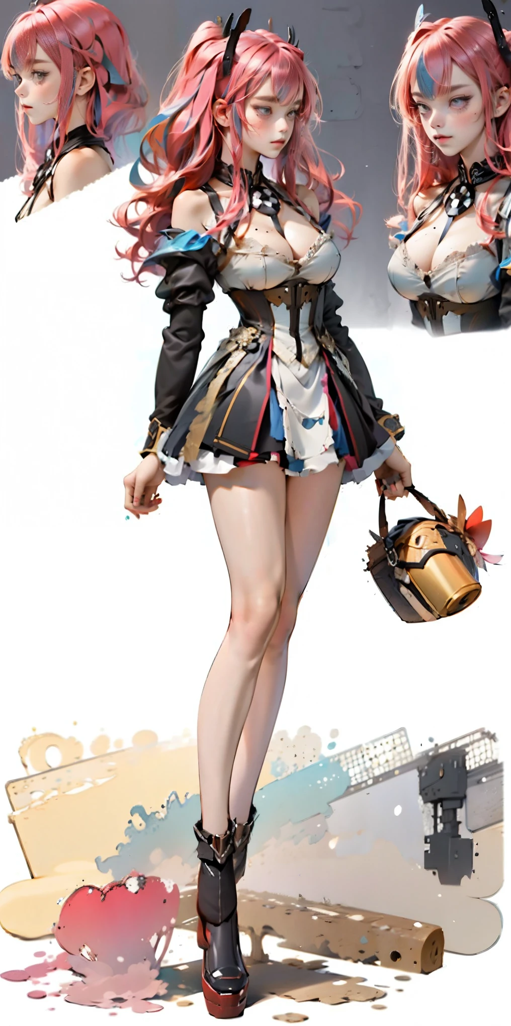 (gray background)(masterpiece) ultra-detailed solo 1girl hands on sides medium breasts, (full body standing)