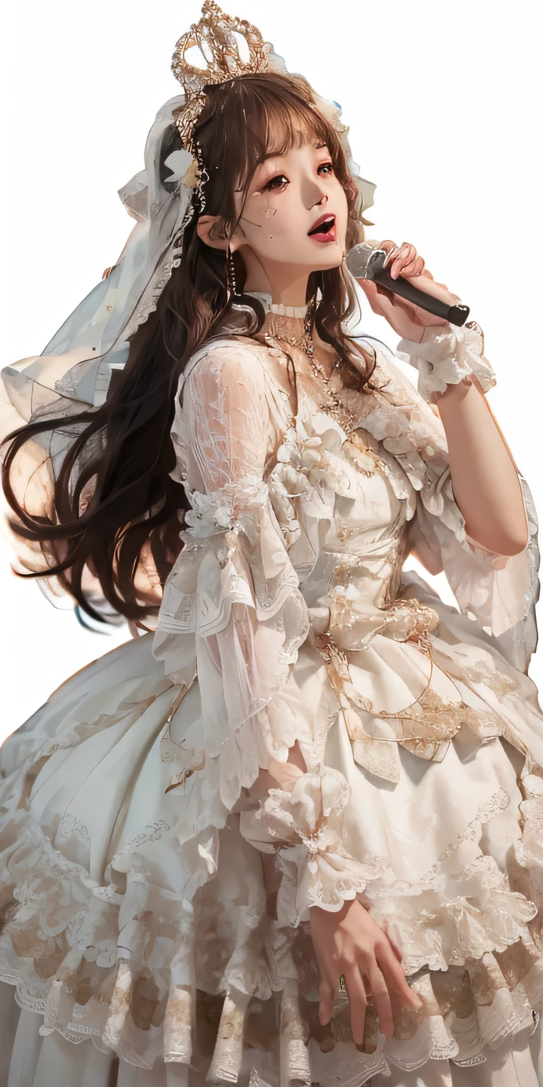 highest quality, 超High resolution, (Realistic:1.4), masterpiece, High resolution, original, Highly detailed wallpaper, 
Singing enthusiastically on stage、
One girl, alone, Start \(manaka nemu\), White Dress, 
whole body, hand on another's,