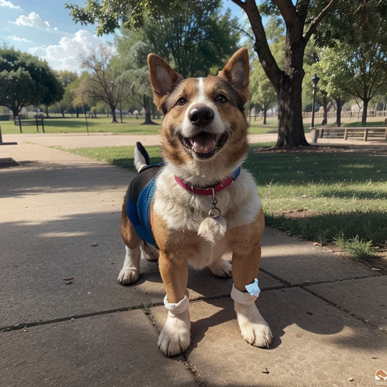 Un perro, animado, that is in the park, el perro no tiene una pata, and he has a prosthesis and he is happy