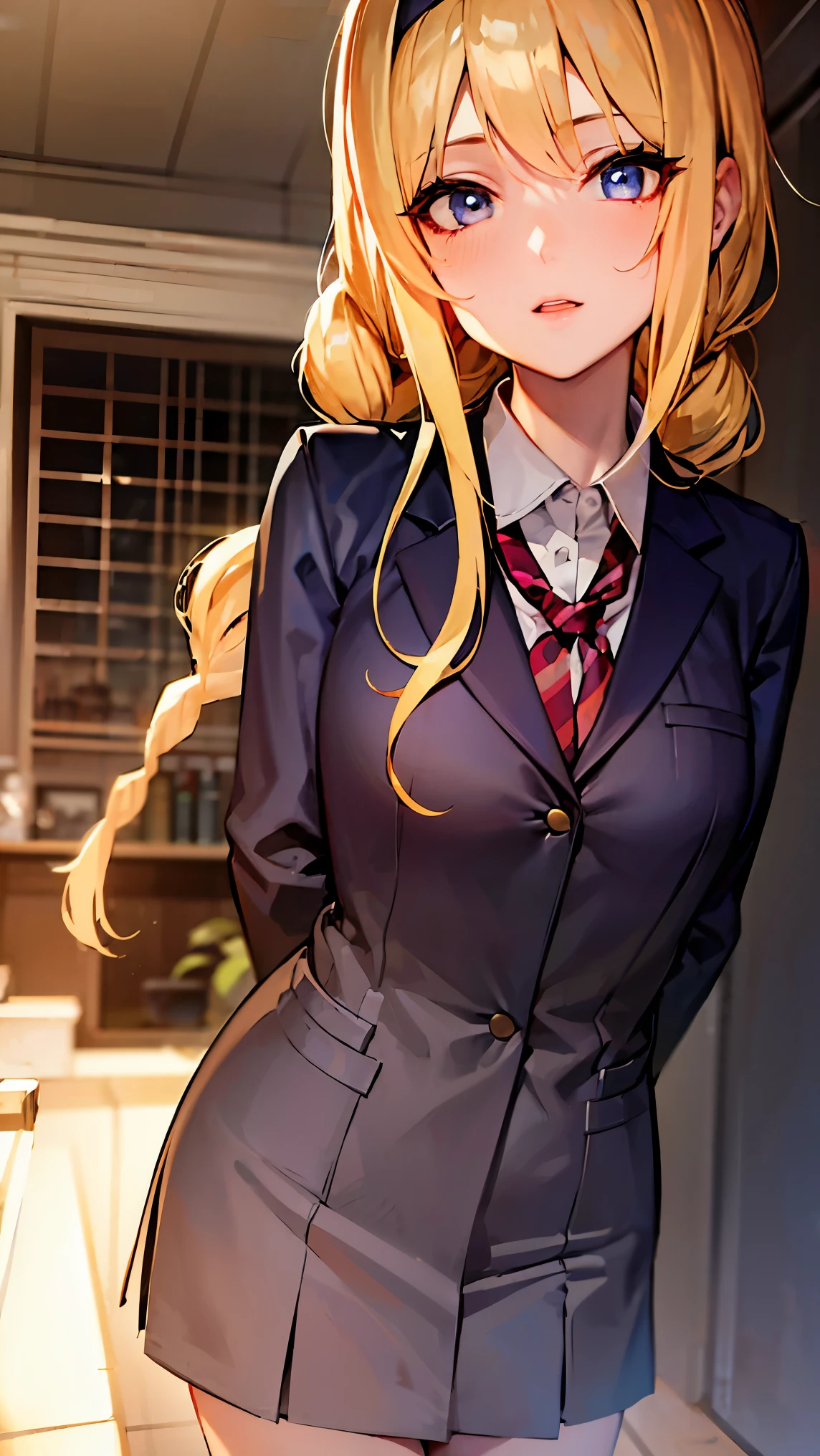 1girl, alice zuberg, bangs, blue eyes, blonde hair, hair between eyes, very long hair, braid, hairband, white hairband,
BREAK (Dark blue school uniform:1.2)
BREAK standing, leaning forward, arms behind back, BREAK (masterpiece:1.2), best quality, high resolution, unity 8k wallpaper, (illustration:0.8), (beautiful detailed eyes:1.6), extremely detailed face, perfect lighting, extremely detailed CG, (perfect hands, perfect anatomy),