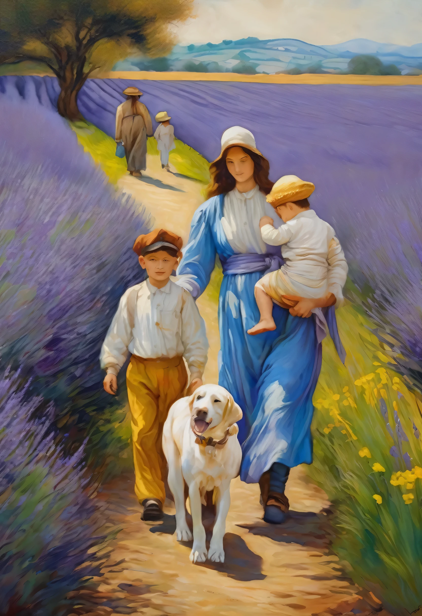oil painting, tres s e um cachorro correndo em campos floridos com lavanda, indescribable beauty, maravilhosa, detalhada, perfeita, olhos bonitos, soft expression, transmits force, roupas azul, branco e dourado, obra prima, style monet, van gogh, michelangelo leonardo da vinci, vivid colors