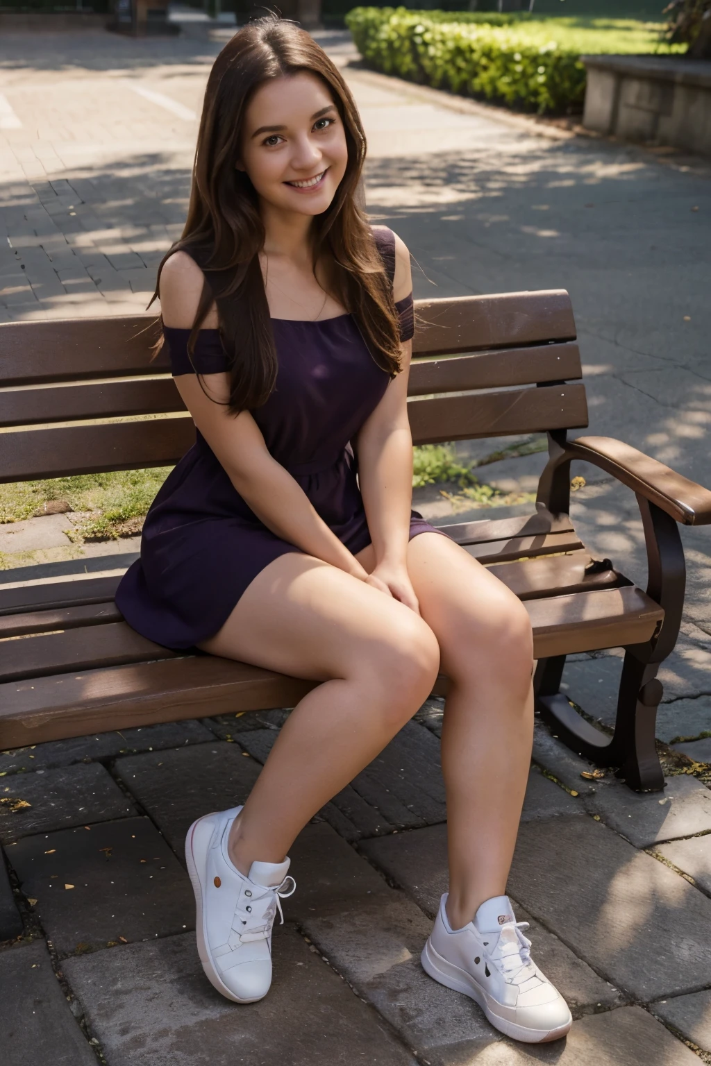 30 years old woman, bmi of 28, fotorealistic proportions, full body view from head to toe, dark eyes, long brown hair, wearing a dark violet and very short summer dress, white sneakers on her feet, sitting on a bench, looking into the camera with a cheerful and joking expression 