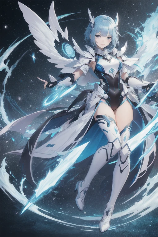 Ultra-detailed、Anime illustration、2D Beautiful Girl、最high quality、Best image quality、masterpiece、超A high resolution、android beautiful girl、,Glowing white cyber suit, Blue energy source on chest、Blue shiny hair、Short-haired,blue eyes、Slender、The face is finely drawn、The eyes are very detailed、The clothes are also drawn in detail.、more background、high quality、Beautiful art、Fantastic Universe、A kind smile、Exquisite design、one girl knight、Anime illustration、Full body front