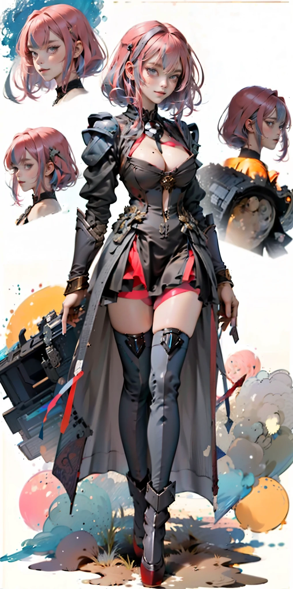 (gray background)(masterpiece) ultra-detailed solo 1girl hands on sides medium breasts, (full body standing), RED EYES detailed eyes, full plate armor, confident smile, staring at the viewer, silver white hair, short bob style hair