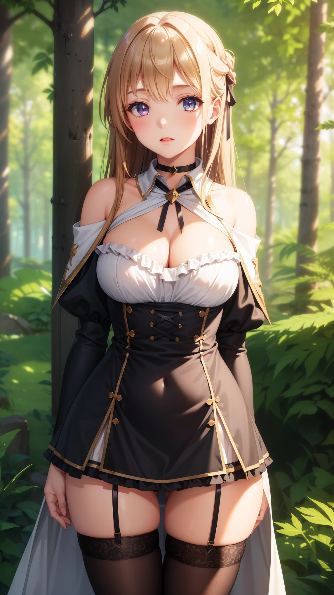 1girl, natural lighting, masterpiece, highly detailed, illustration, game CG, absurdres, high quality, beautiful detailed eyes, glossy lips, natural lighting, medium breasts, klaudia valentz, forest, collarbone, choker, (black witch dress, thigh highs)