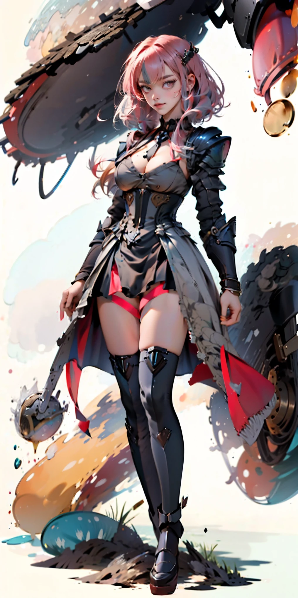 (gray background)(masterpiece) ultra-detailed solo 1girl hands on sides medium breasts, (full body standing), RED EYES detailed eyes, full plate armor, confident smile, staring at the viewer, silver white hair, short bob style hair