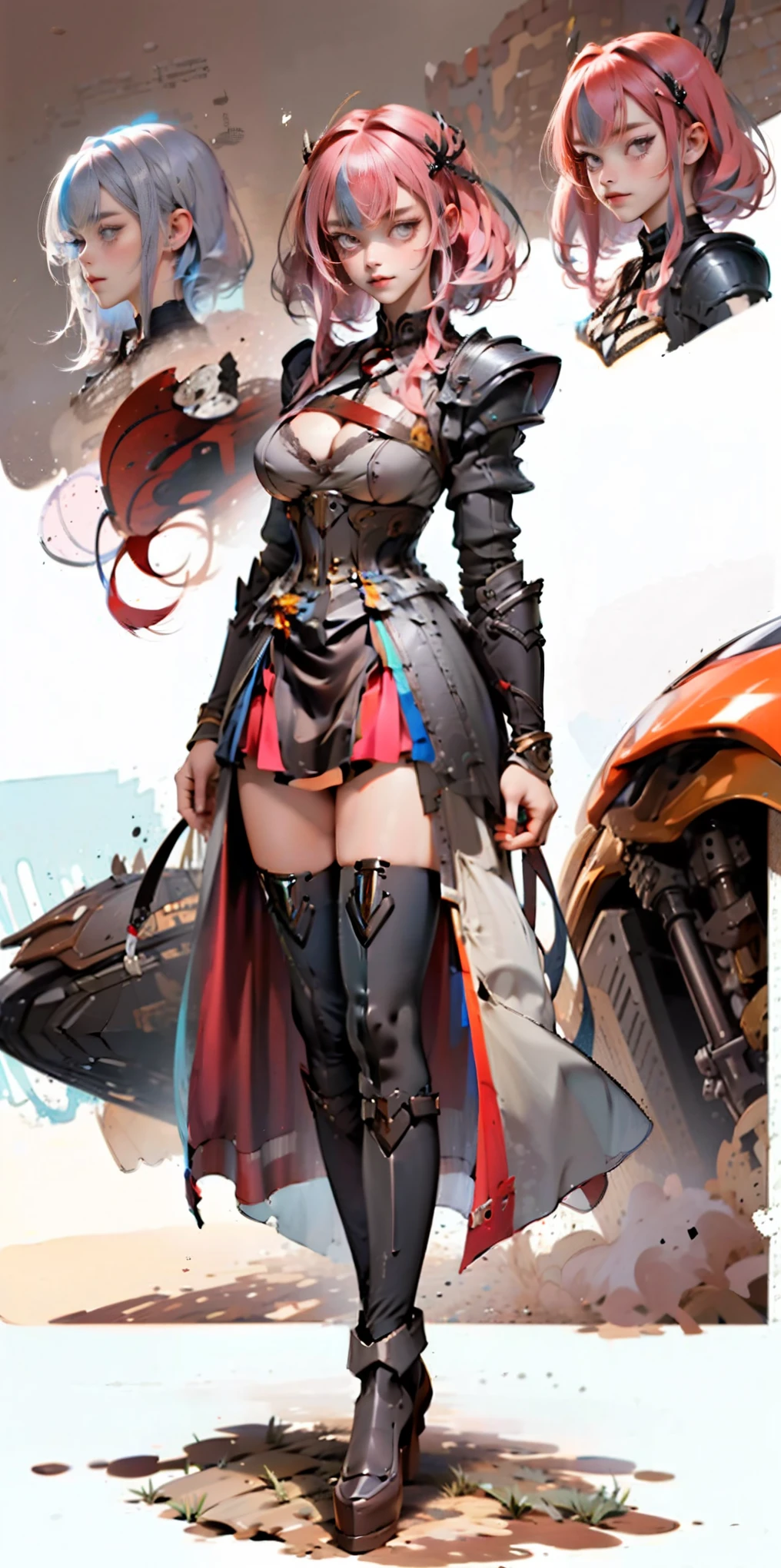 (gray background)(masterpiece) ultra-detailed solo 1girl hands on sides medium breasts, (full body standing), RED EYES detailed eyes, full plate armor, confident smile, staring at the viewer, silver white hair, short bob style hair