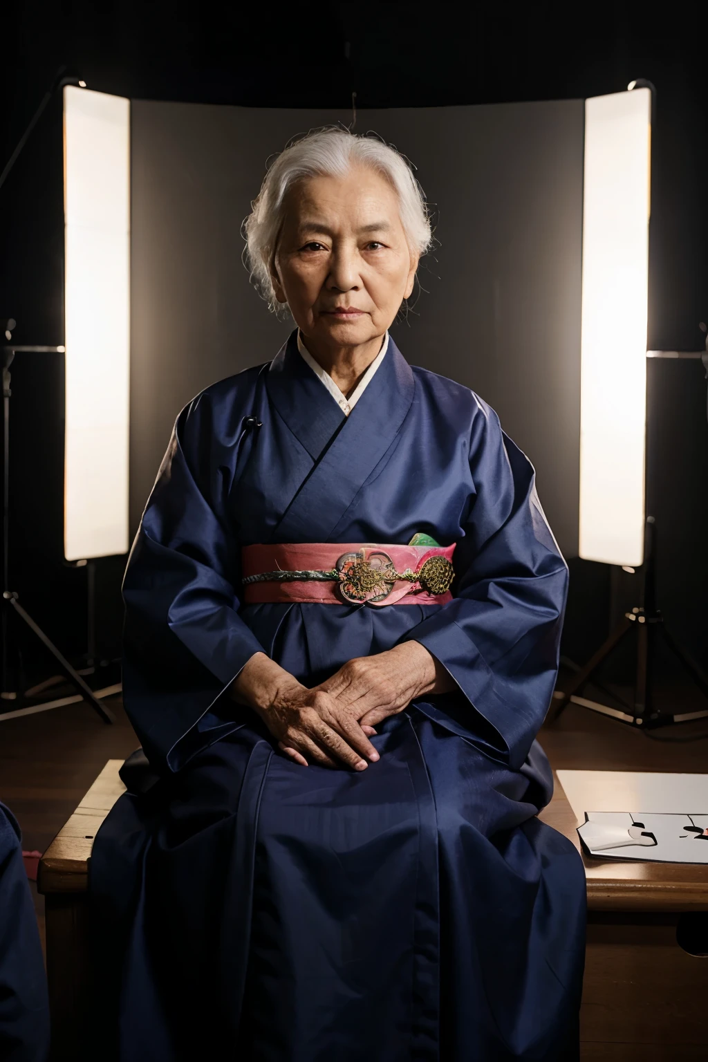 An old lady in her 90s wearing hanbok took an ID photo in a dark photo studio