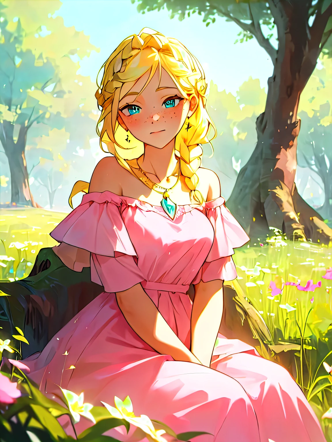 (masterpiece, best quality),1girl with braided blonde hair sitting in a field of green plants and flowers, woman with blonde hair and freckles is under a old tree, woman with a french braid, braided hair, one braid, woman sitting poses, woman in a pink beautiful dress, noble dress, womans face with freckles, off-the-shoulder pink dress, cute blonde braid, in the background is a flower tree, a meadow with flowers, many beauitiful green trees, pink princess dress, blue eyes, beautiful sky, beautiful womans face, adult, off-the-shoulder pink dress with a neckline, forest scene, light particles, fantasy, pink princess dress, golden necklace with a blue crystal, woman with golden accesoirs, adult womans face, young woman sitting poses, beautiful womans arms and hands