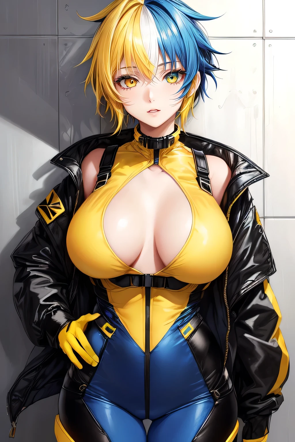 1girl, mature woman, short hair, (multi color hair), spiky hair, yellow hair, blue hair, heterochromia with 1 yellow eye and 1 blue eye, black pilot jacket, (yellow body suit, blue thigh high), slim legs, thin waist, large breasts,