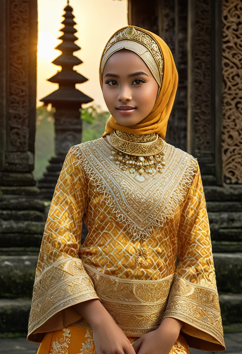 A stunning hyper-realistic portrait of a Bali ager adorned in vibrant traditional clothing, sporting a serene expression and a hijab that exudes confidence and cultural pride. The background features an awe-inspiring ancient Hindu temple with intricate carvings and adornments. As the setting sun casts a warm golden hue, the girl stands proudly next to the temple, symbolizing the harmonious blend of tradition and modernity, and capturing the essence and beauty of Bali in a breathtaking photo.
