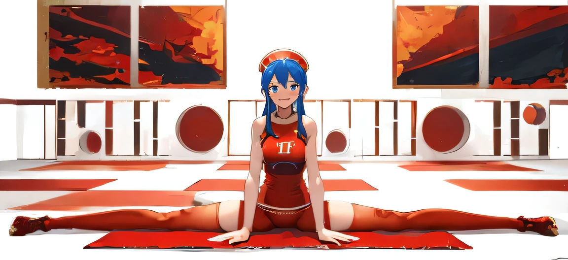 masterpiece, best quality, leg_lilina, {smile}, red gym clothes, split