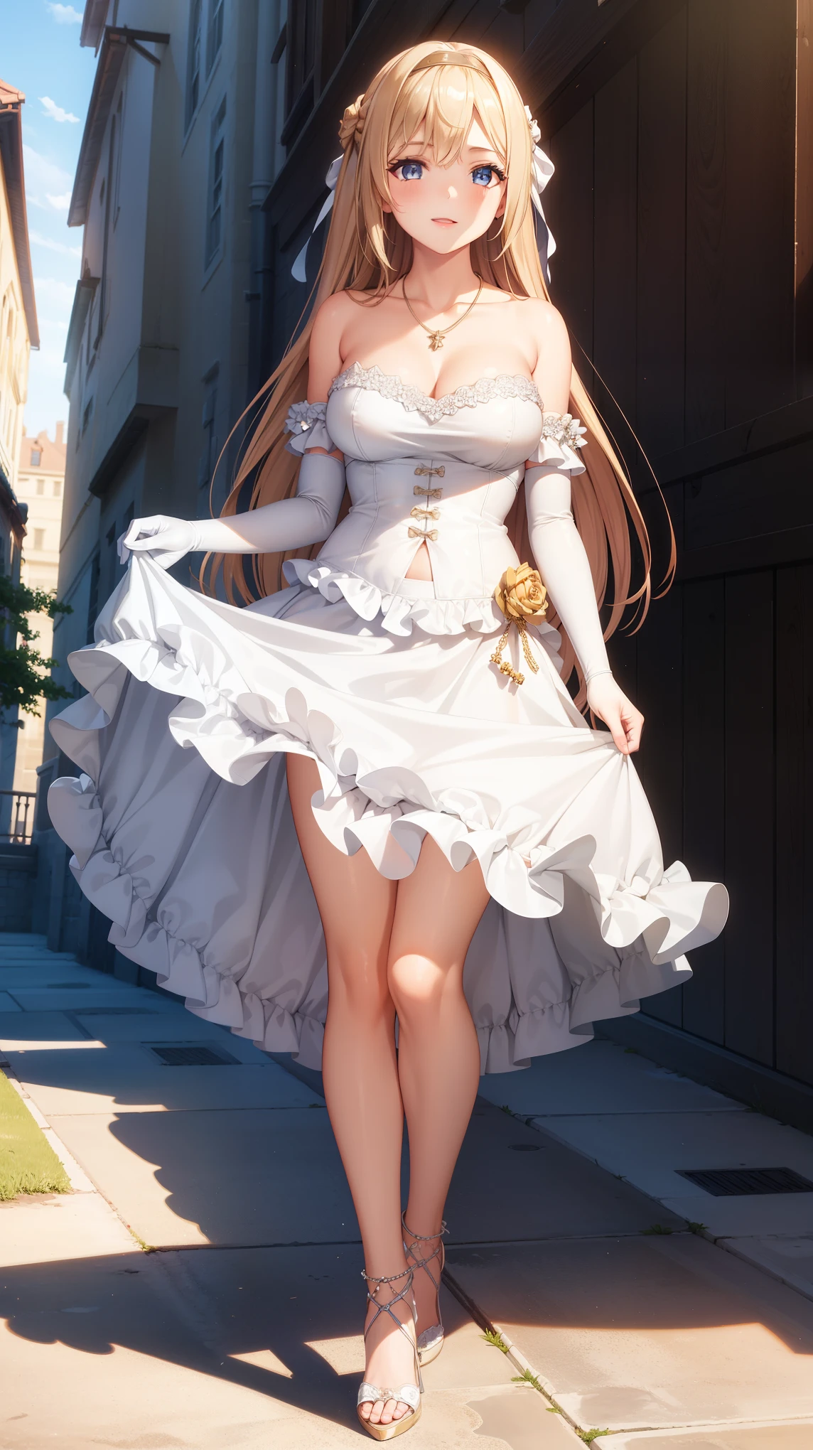 1girl, natural lighting, masterpiece, highly detailed, illustration, game CG, absurdres, high quality, beautiful detailed eyes, glossy lips, natural lighting, medium breasts, klaudia valentz, strapless wedding dress, elbow gloves, high heels, outside, standing, (own skirt lift), collarbone, necklace, light smile