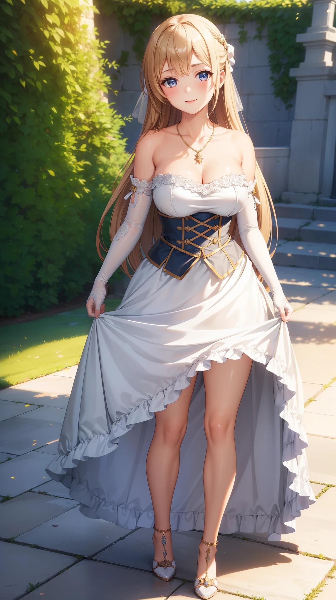 1girl, natural lighting, masterpiece, highly detailed, illustration, game CG, absurdres, high quality, beautiful detailed eyes, glossy lips, natural lighting, medium breasts, klaudia valentz, strapless wedding dress, elbow gloves, high heels, outside, standing, (own skirt lift), collarbone, necklace, light smile