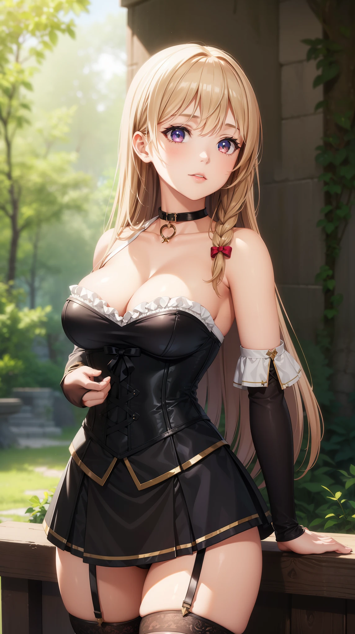 1girl, natural lighting, masterpiece, highly detailed, illustration, game CG, absurdres, high quality, beautiful detailed eyes, glossy lips, natural lighting, medium breasts, klaudia valentz, forest, collarbone, choker, (black corset, witch dress, thigh highs)