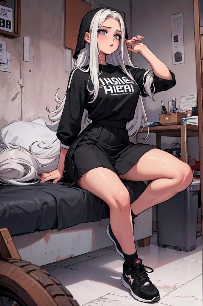 22 anos, pele branca, quase fala, cabelo branco, rosa nas pontas, cabelo extremamente longo, apertado, black pantyhose, black sneakers, cabelo branco, cabelo entre os olhos, cabelo branco, boca fechada, faixa, messy hair big formal skirt
