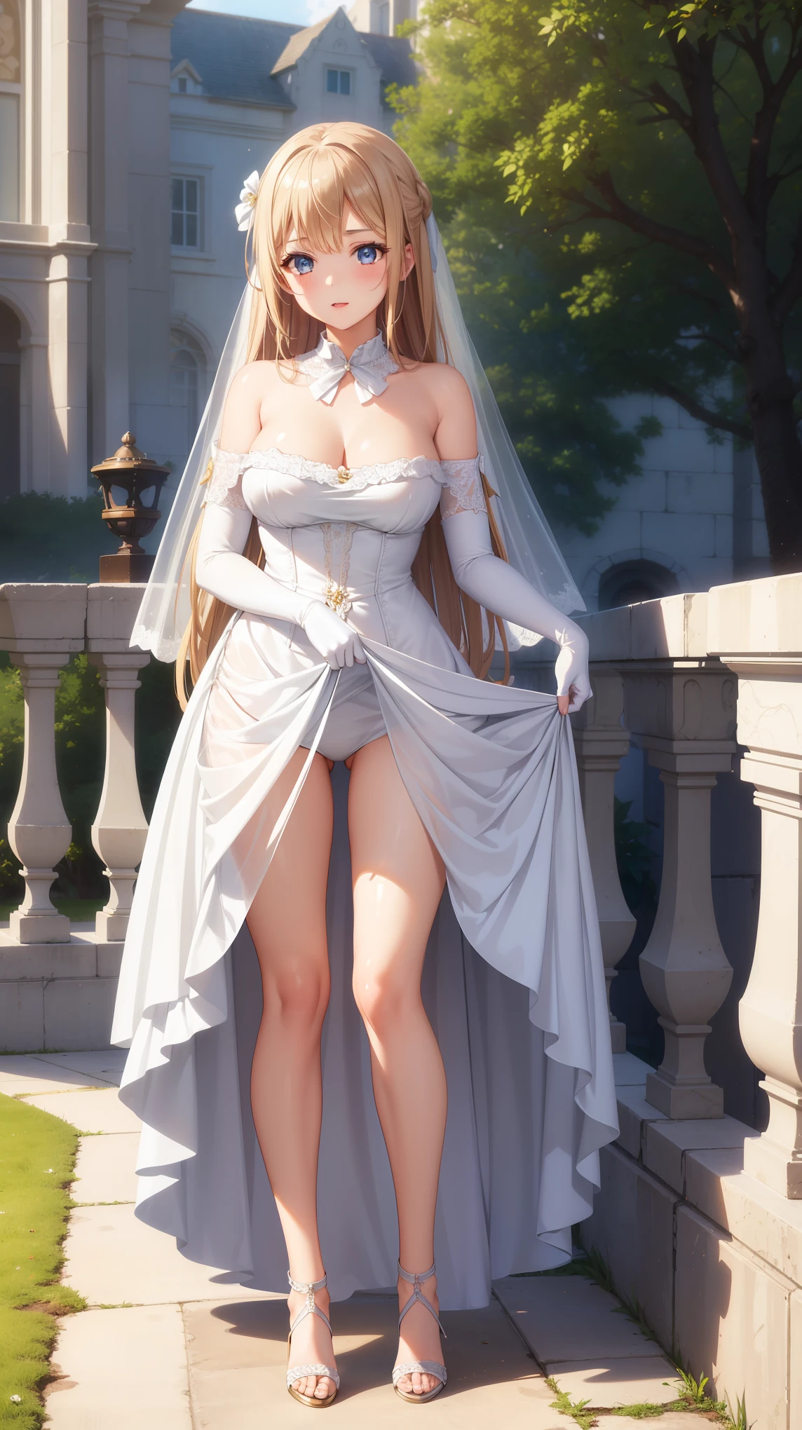 1girl, natural lighting, masterpiece, highly detailed, illustration, game CG, absurdres, high quality, beautiful detailed eyes, glossy lips, natural lighting, medium breasts, klaudia valentz, strapless wedding dress, elbow gloves, high heels, outside, standing, (own skirt lift)