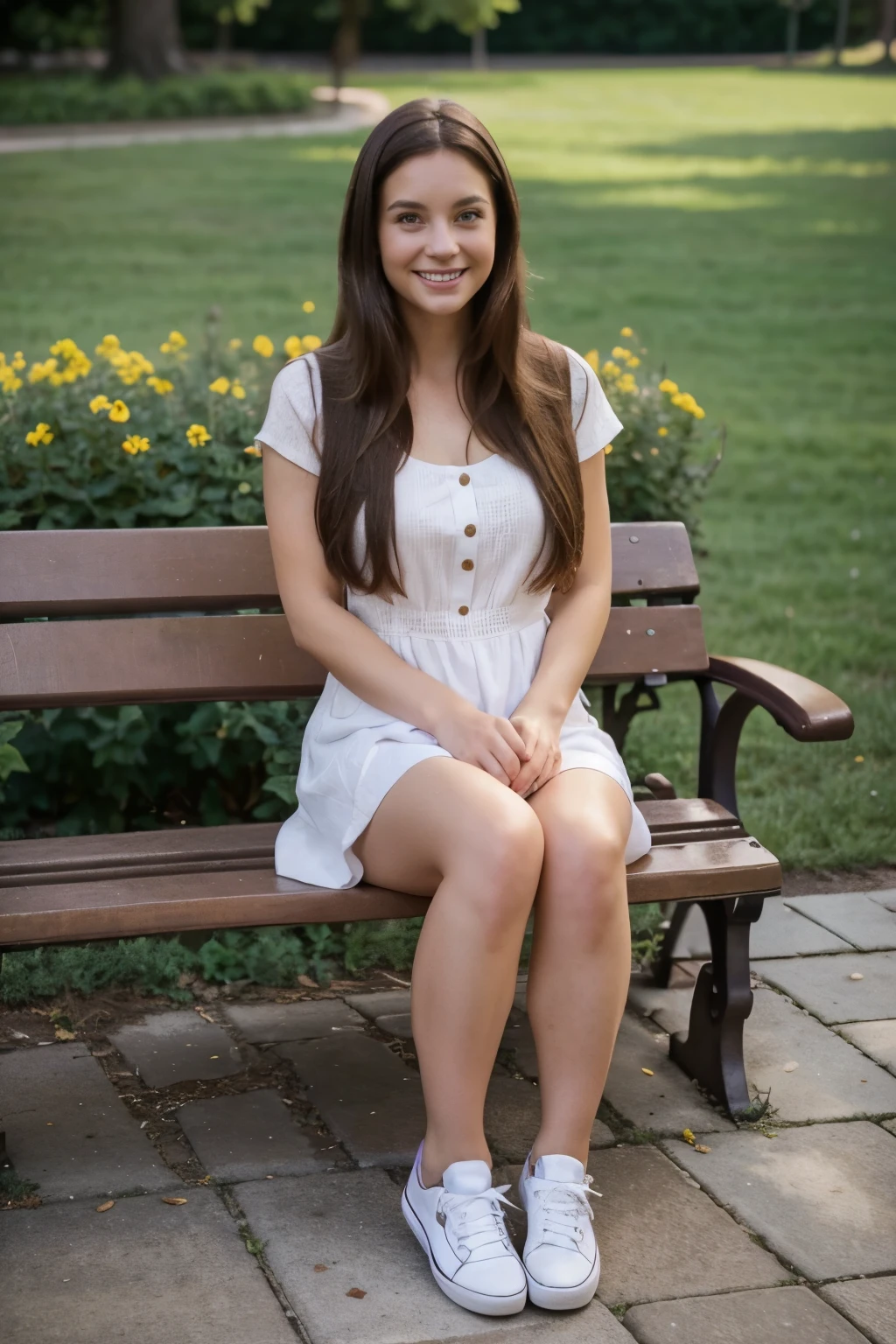 30 years old woman, fotorealistic proportions, full body view from head to toe, dark eyes, very long brown hair, wearing a violet and very short summer dress, white sneakers on her feet, sitting on a bench, looking into the camera with a cheerful and joking expression