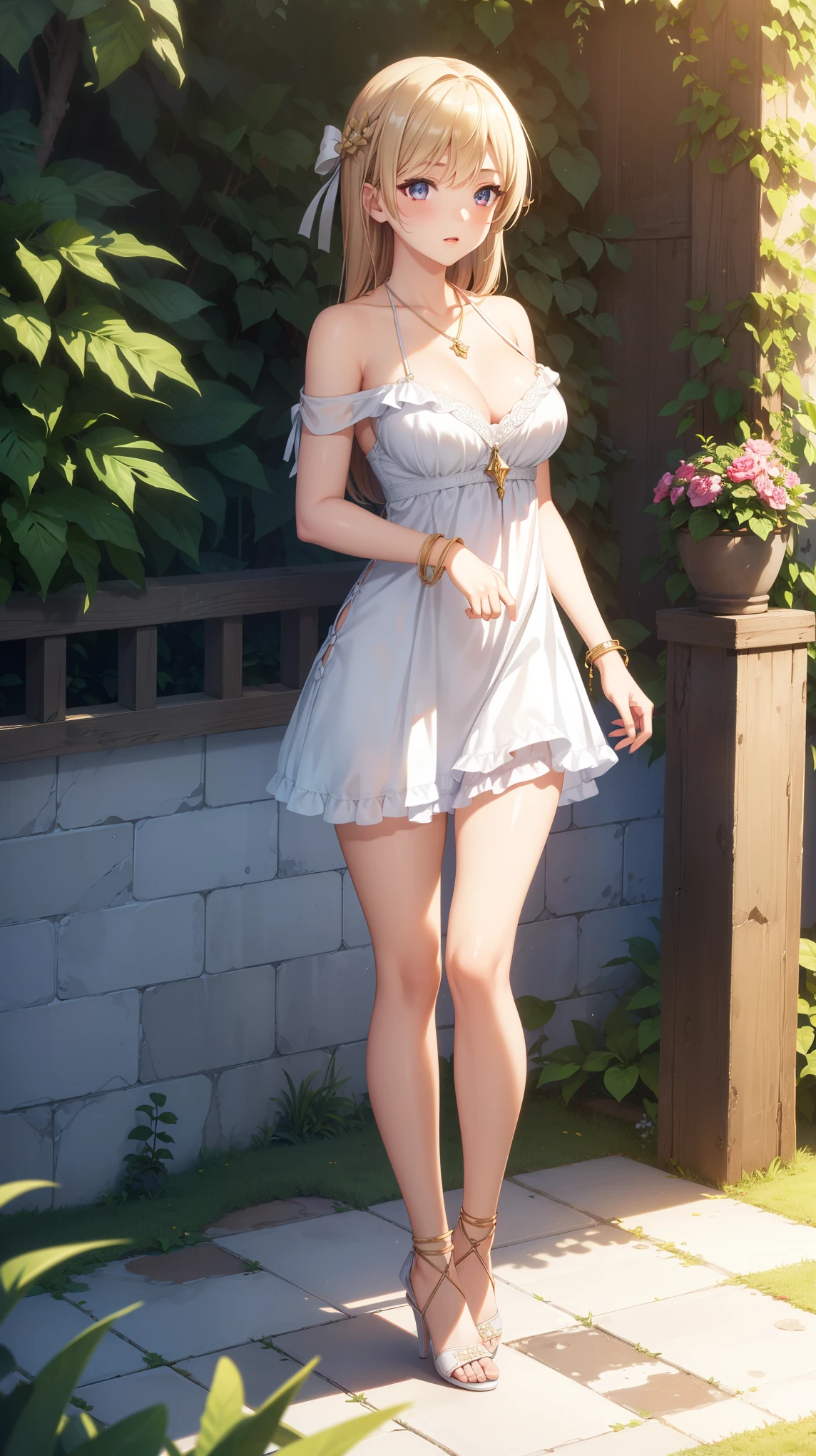 1girl, natural lighting, masterpiece, highly detailed, illustration, game CG, absurdres, high quality, beautiful detailed eyes, glossy lips, natural lighting, medium breasts, klaudia valentz, garden, halter top minidress, bracelets, necklace, jewelry, high heels, standing