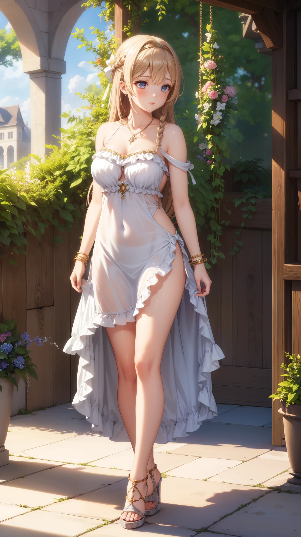 1girl, natural lighting, masterpiece, highly detailed, illustration, game CG, absurdres, high quality, beautiful detailed eyes, glossy lips, natural lighting, medium breasts, klaudia valentz, garden, halter top minidress, bracelets, necklace, jewelry, high heels, standing