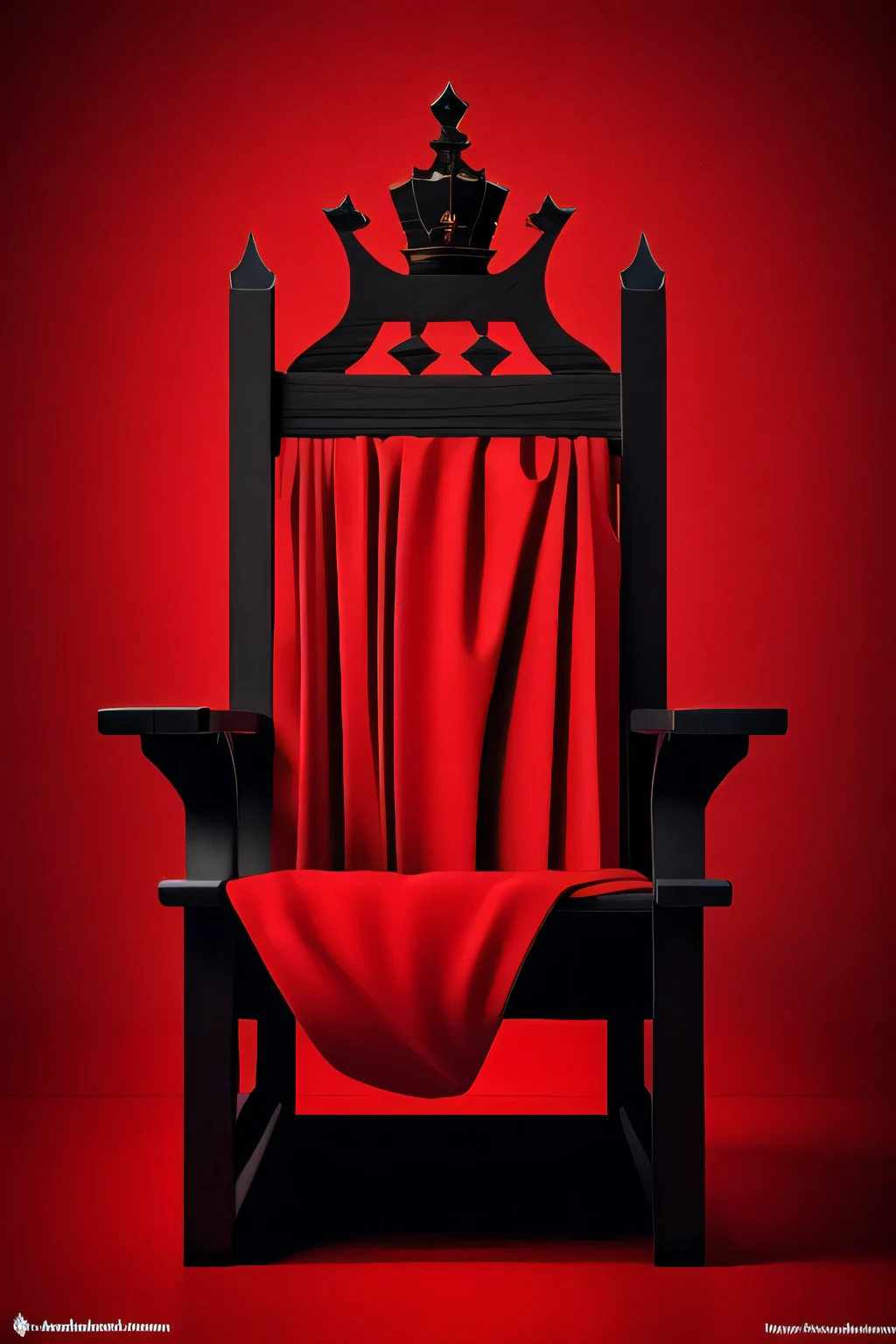 Simple chair. A red king's cape hanging on the side of the chair. A kings crown in the floor. Black background
