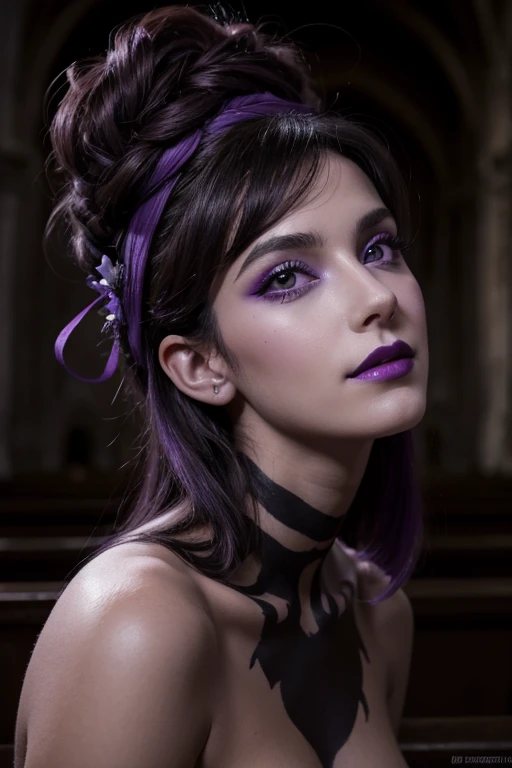 Jeune femme de 25 ans, visage fin, cheveux long, yeux marrons, HD, 8K, masterpiece, sourire romantique, sexy, mascara noir, maquillage noir, black lips, tenue gothique, vêtements noirs et violets, toile d'araignée en dentelle, cheveux noirs et violets, bodypainting, purple paint, dracula, nude, full purple and black bodypainting, piercing, in an abandoned church, vitraux violets et noirs