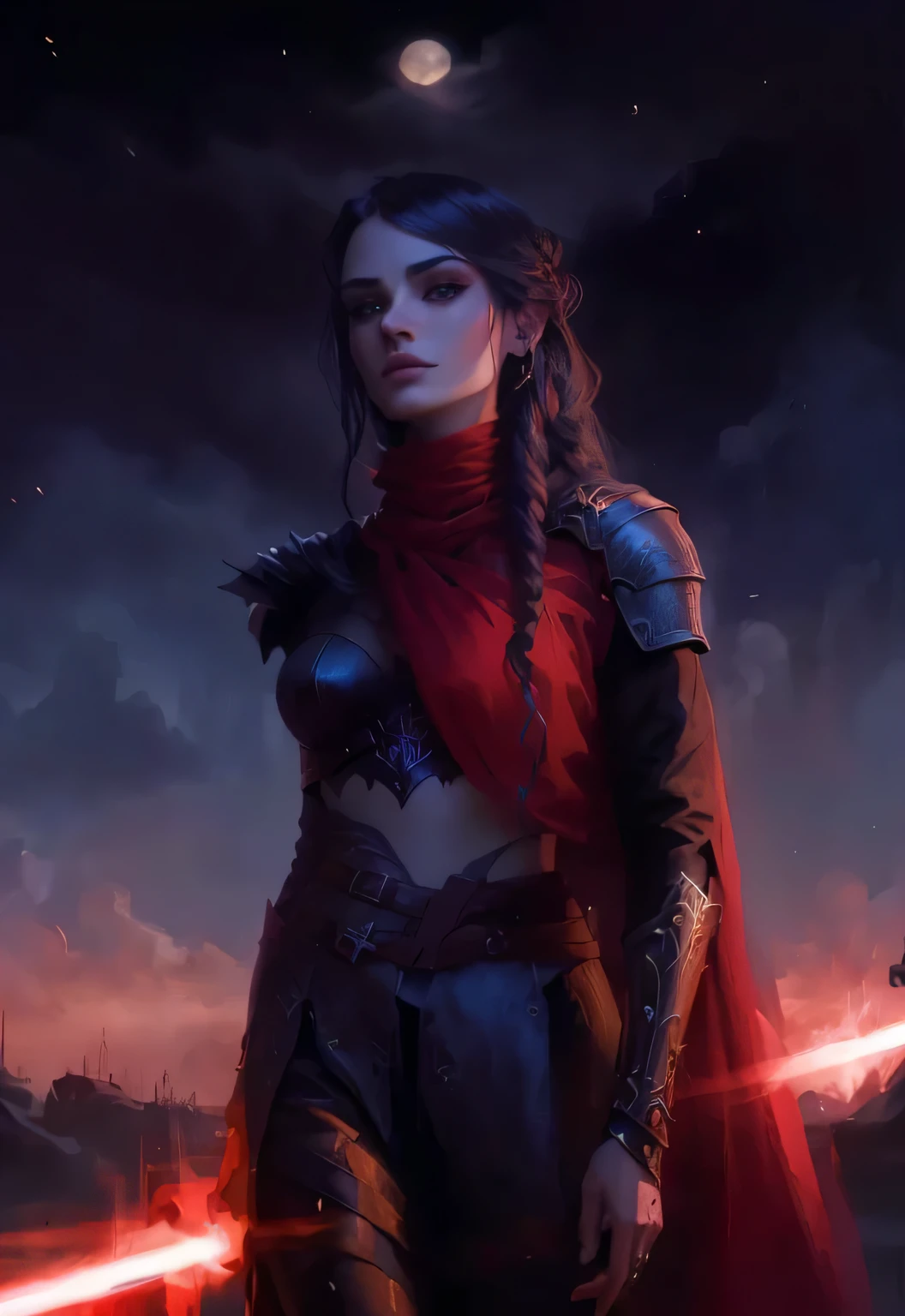 a painting of a woman with a sworD anD a reD cape, epische exquisite Charakterkunst, D&D Dark sun character art, Dark fantasy style art, epische Scifi-Charakterkunst, Sith, Portrait of a magician, goDrays Digital painting, portrait of a DnD character, Charlie Bowater Charakterkunst, ariana granDe as a Sith, epic fantasy Digital art style