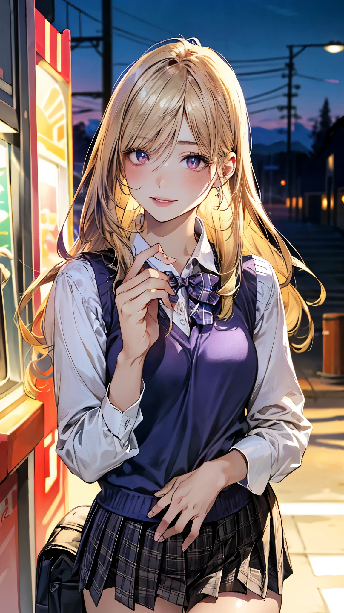 (masterpiece:1.3, top-quality, ultra high res, ultra detailed), (realistic, photorealistic:1.4), beautiful illustration, perfect lighting, natural lighting, colorful, depth of fields, ,
beautiful detailed hair, beautiful detailed face, beautiful detailed eyes, beautiful clavicle, beautiful body, beautiful chest, beautiful thigh, beautiful legs, beautiful fingers, shiny skin, babyface,
looking at viewer, (face focus), 1 girl, japanese, high school girl, (perfect anatomy, anatomically correct, super detailed skin), cute and symmetrical face, perfect face, perfect eyes,
(long hair, curvy hair, sideburns, blonde hair), hair over one eye, parted bangs, gold eyes, long eyelashes, (medium breasts, seductive thighs), slender, outstanding style, ,
(detailed cloth texture), break, ((light purple knit vest)), break, (light purple plaid bowtie), break, (white collared shirt, navy pleated skirt), break,
(beautiful scenery), summer, evening, (amusement arcade), (lovely smile, parted lips),
