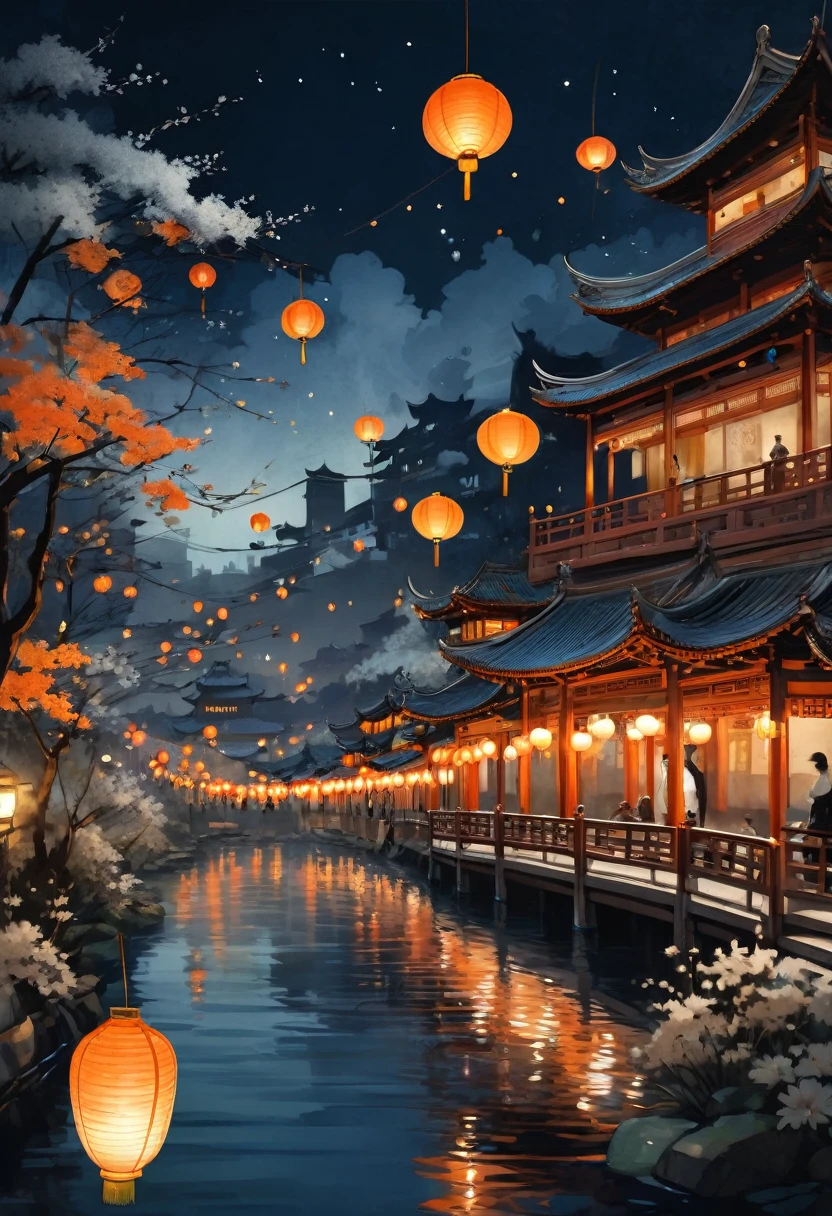 (Watercolor Landscape:1.4), a night view ofa chinese lantern festival, in the style of charlie bowaterjapanese-inspired motifs.detailed world-building,light white and dark orangeswirling vortexes,anime aesthetic,canaletto, best quality, masterpiece, very aesthetic, perfect composition, intricate details, ultra-detailed
