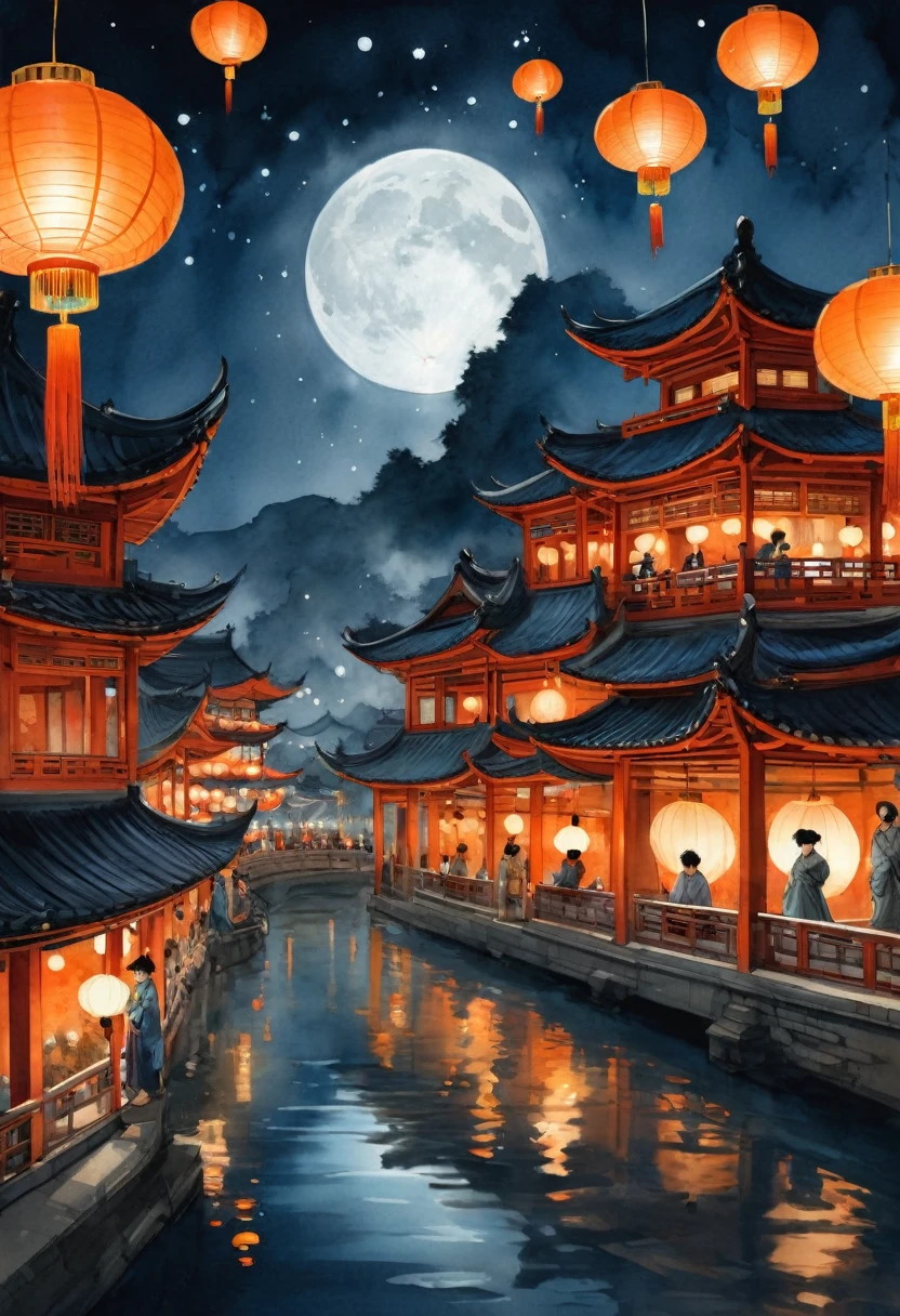(Watercolor Landscape:1.4), a night view ofa chinese lantern festival, in the style of charlie bowaterjapanese-inspired motifs.detailed world-building,light white and dark orangeswirling vortexes,anime aesthetic,canaletto, best quality, masterpiece, very aesthetic, perfect composition, intricate details, ultra-detailed