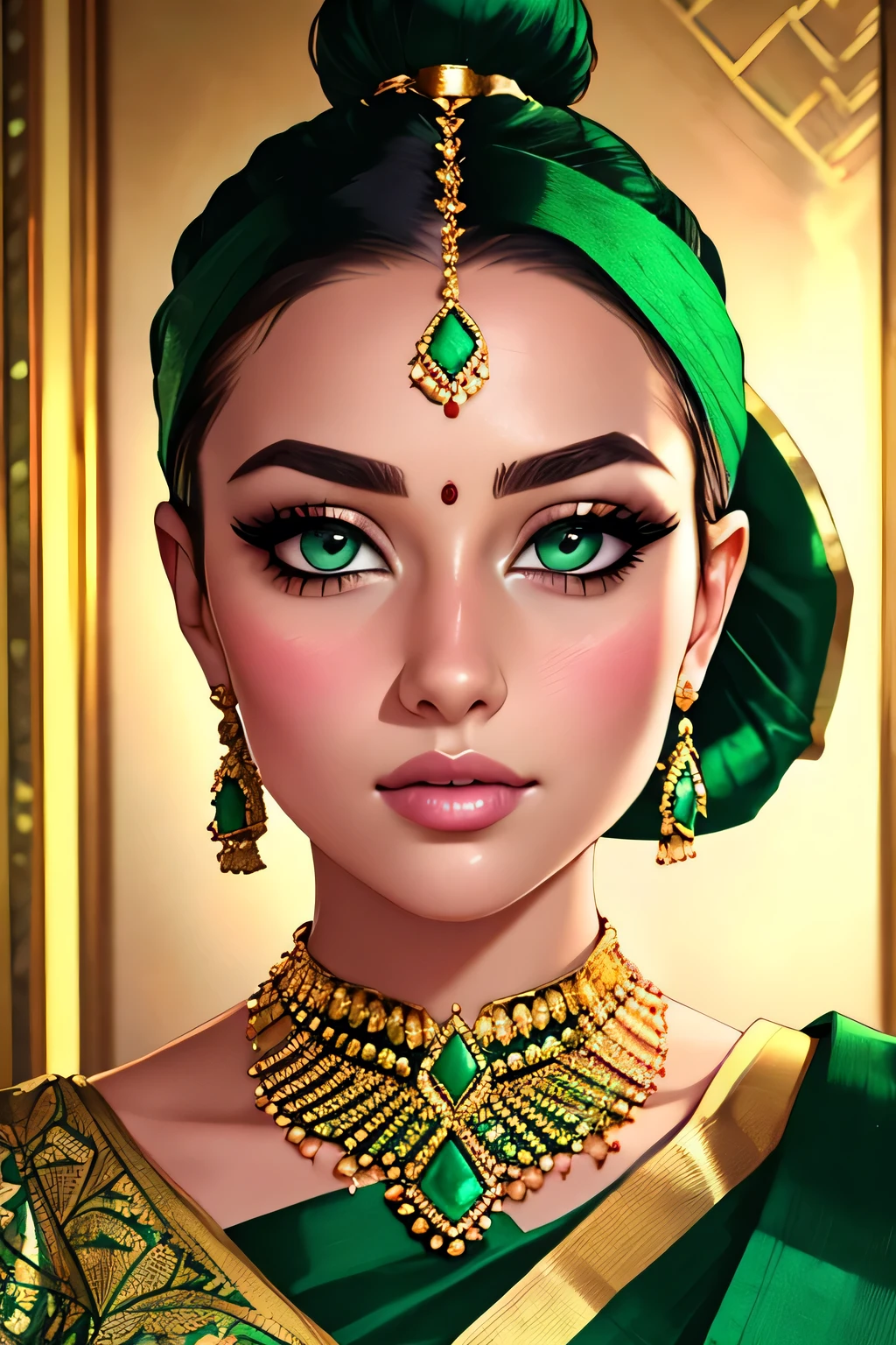 (best quality,ultra-detailed),portrait,sexy woman,beautiful face,detailed eyes and eyebrows,long eyelashes,emerald jewellery,grey eyes,fair skin,intense blushing,glossy lips parted,dark green blouse,dark green saree,gold patterns,emphasizing face,bun hairstyle