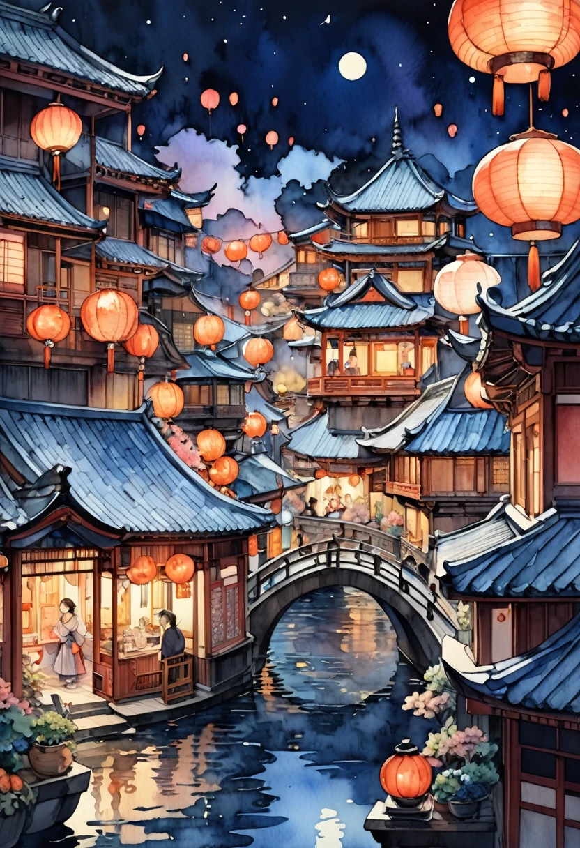 (Watercolor Landscape:1.4), a night view ofa chinese lantern festival, in the style of charlie bowaterjapanese-inspired motifs.detailed world-building,light white and dark orangeswirling vortexes,anime aesthetic,canaletto, best quality, masterpiece, very aesthetic, perfect composition, intricate details, ultra-detailed
