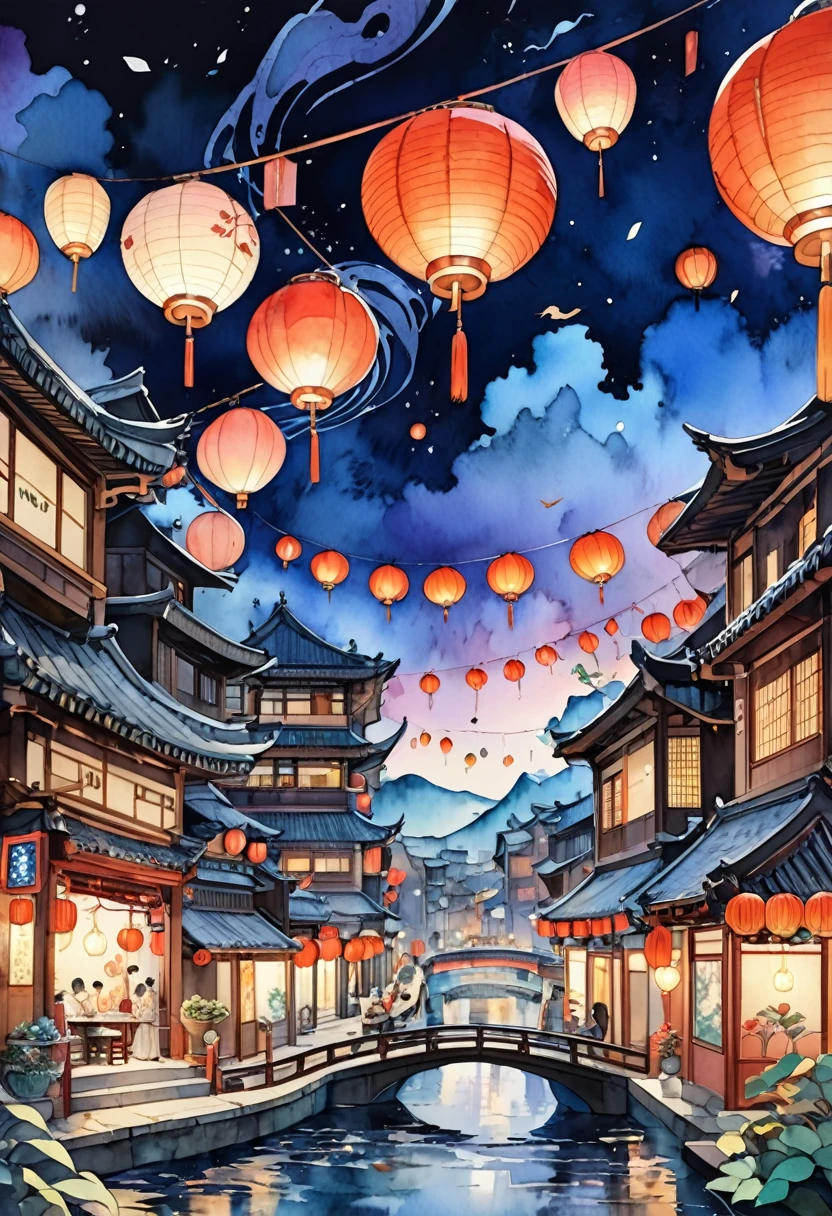 (Watercolor Landscape:1.4), a night view ofa chinese lantern festival, in the style of charlie bowaterjapanese-inspired motifs.detailed world-building,light white and dark orangeswirling vortexes,anime aesthetic,canaletto, best quality, masterpiece, very aesthetic, perfect composition, intricate details, ultra-detailed