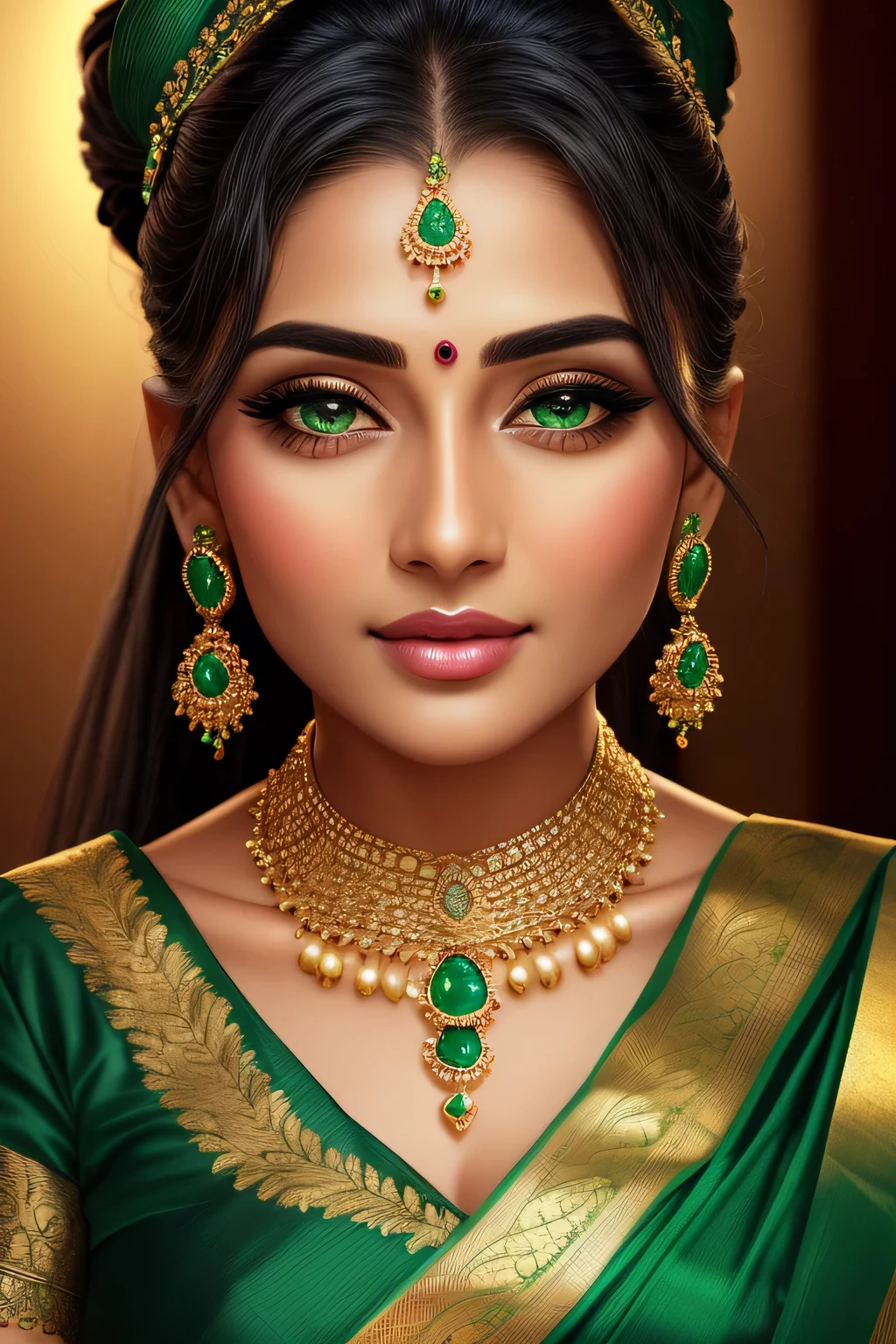(best quality,ultra-detailed),portrait,sexy woman,beautiful face,detailed eyes and eyebrows,long eyelashes,emerald jewellery,grey eyes,fair skin,intense blushing,glossy lips parted,dark green blouse,dark green saree,gold patterns,emphasizing face,bun hairstyle