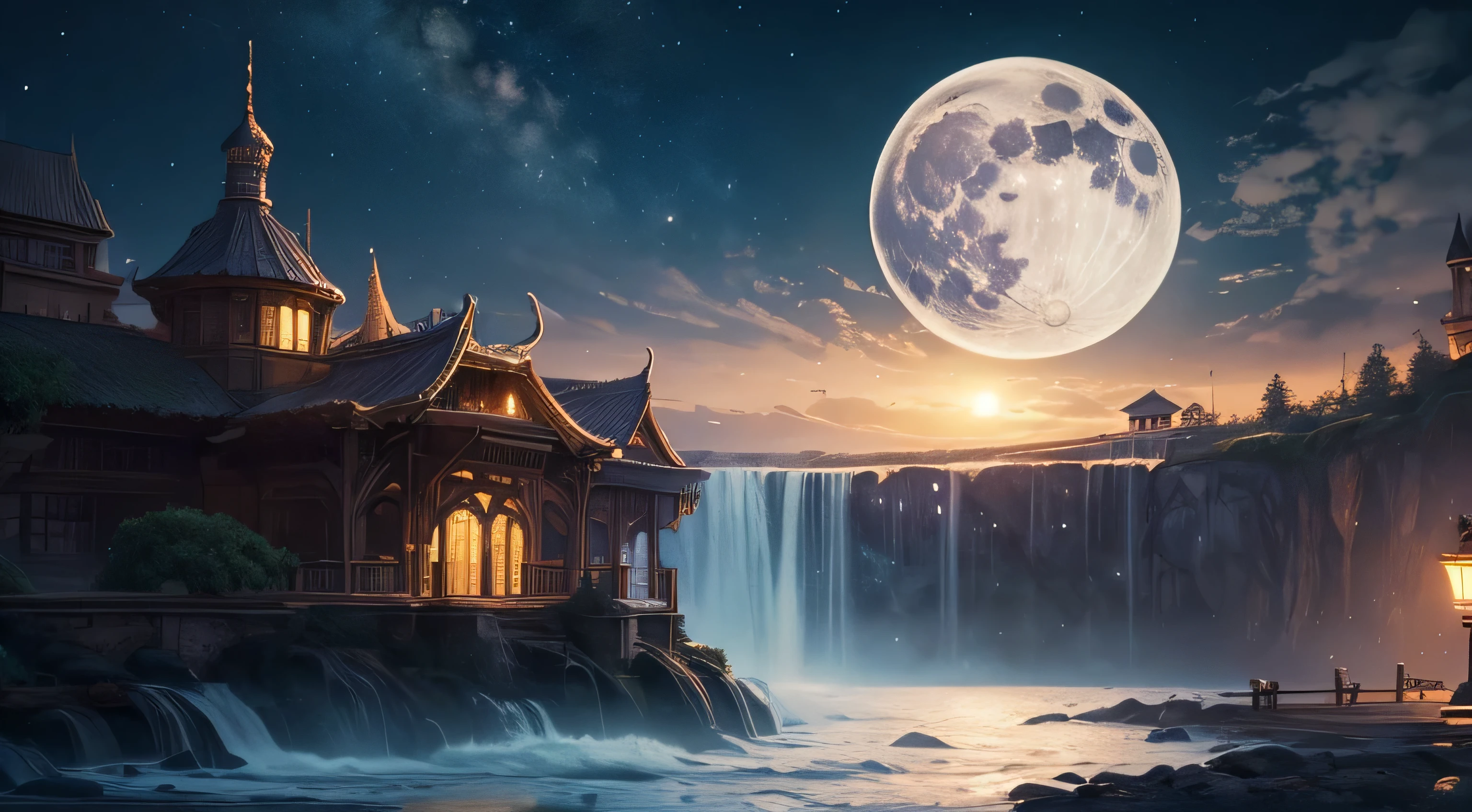 ((best quality)), ((masterpiece)), (detailed), in the night, in the light of the moon, volumetric lighting, , Masterpiece, Best quality, sky, raining , a flowtting land