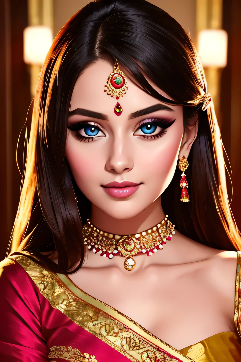 (best quality, 4k, 8k, highres, masterpiece:1.2), ultra-detailed, realistic:1.37, professional, stunning red saree, beautiful face and eyes, luscious long hair, graceful pose, vibrant colors, portrait, Indian beauty, detailed fabric folds, alluring expression, soft and natural lighting, rich textures, intricate jewelry, mesmerizing gaze, captivating smile, flawless skin, elegant makeup, confident and empowering, traditional yet modern, exuding charm and glamour.