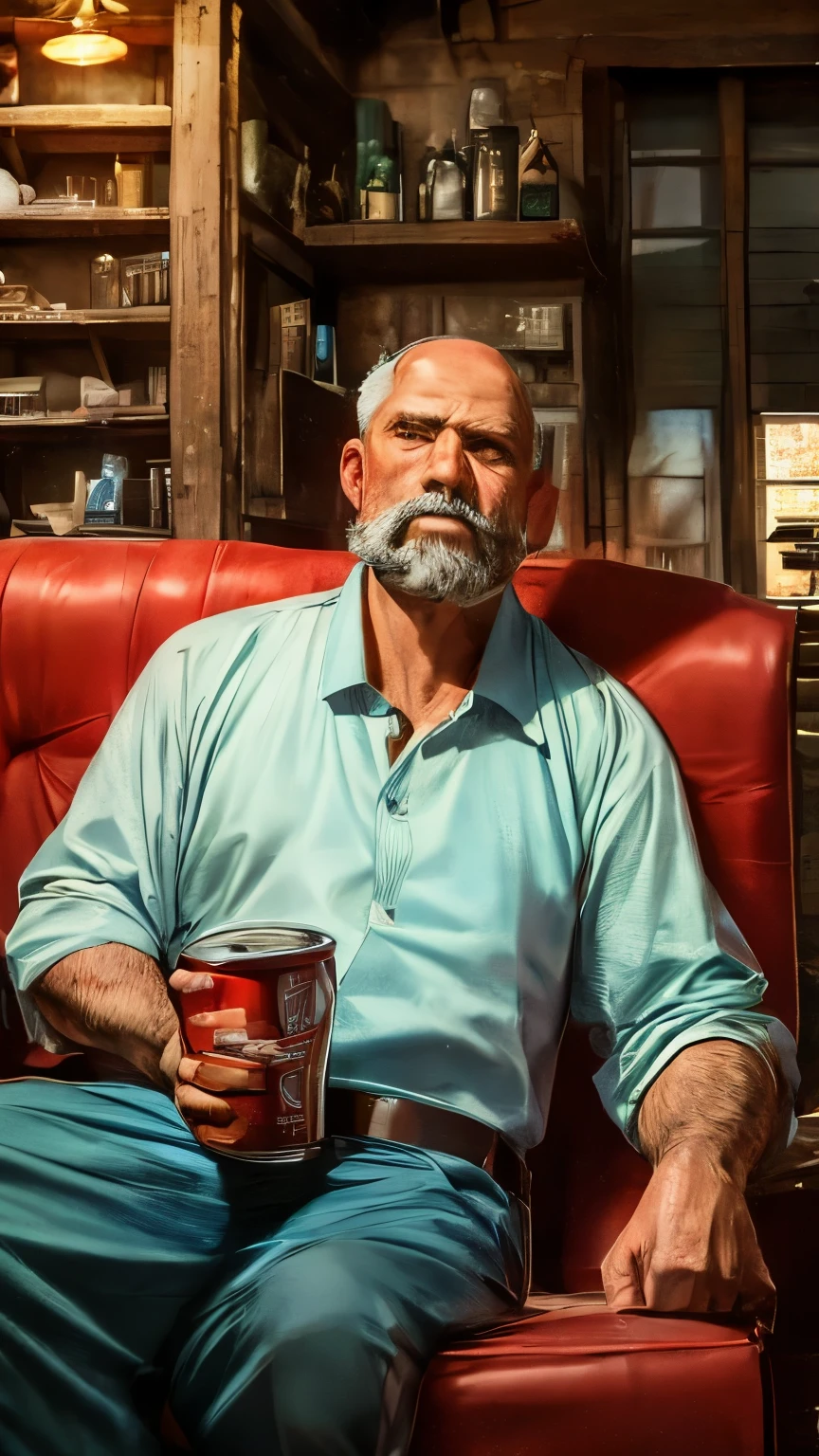 A picture of an old man sitting on an old red couch watching television;holding a can of beer and smoking cuban cigars inside of an old hut with dim light 