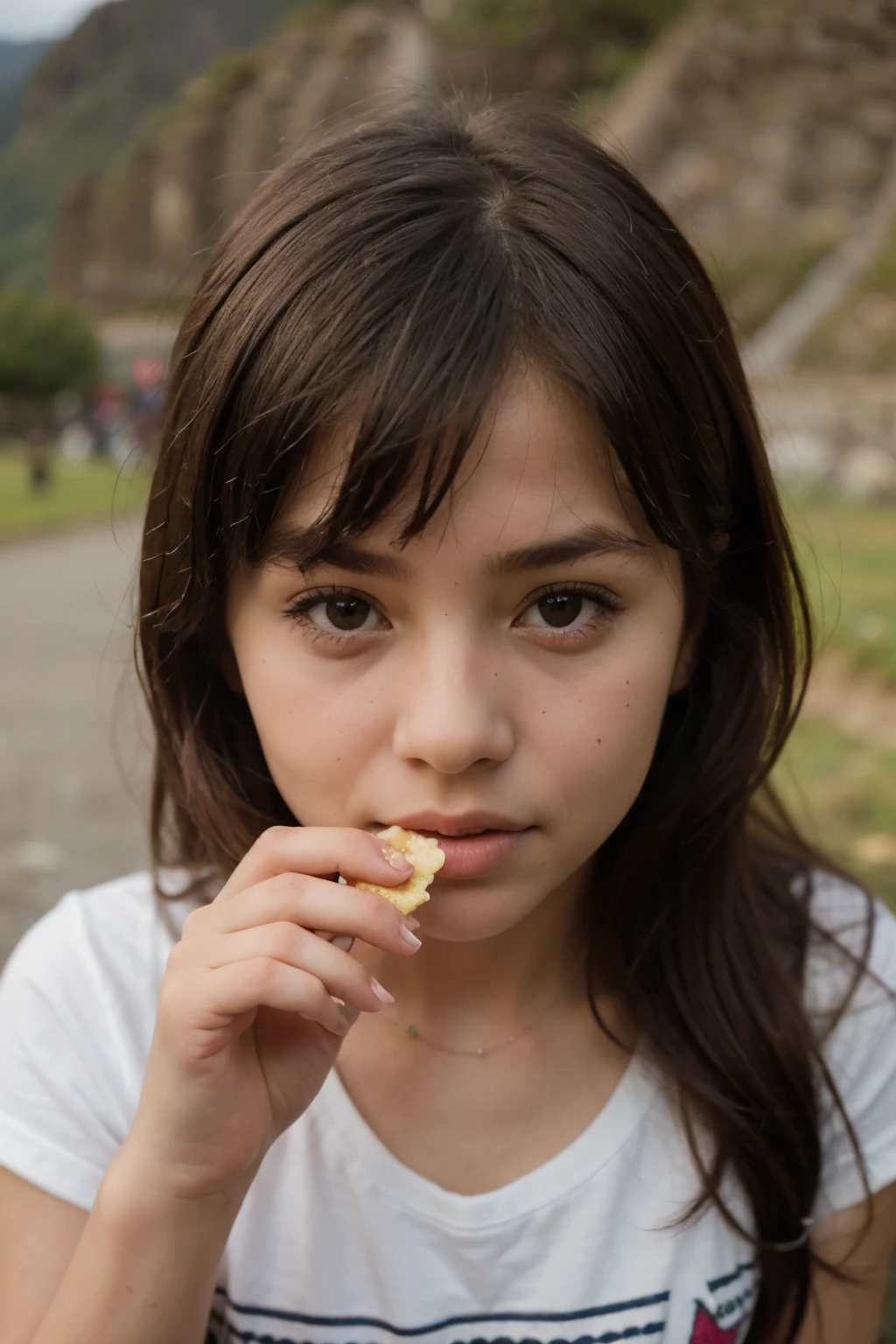 8 year old girl eating vanilla cupcakes in Machu Picchu Cusco