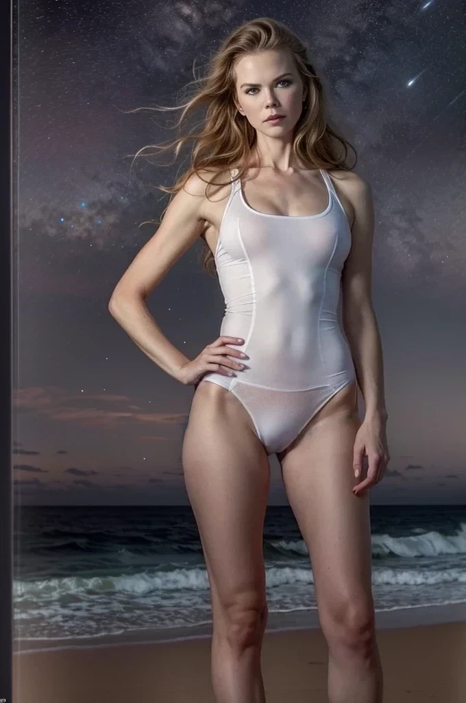 PLEASE fix image, Masterpiece, (A teenage Nicole Kidman), analog style, (night sky, slender slim body, full body shot:1.2), photo of a young 17 years old Australian model wearing a sports thight thong, wearing a sports bra, 1girl, (albino girl, very white skin, long light redhair), shiny body, smile, cute thin teenager face, perfect thin very young face, juvenile face, realistic detailed eyes, (photo by lee jeffries, greg rutkowski and magali villanueve), octane, UHD, ultra high quality, hyperrealistic, photorealistic, Madly detailed, CG unity, 16k wallpaper, Madly detailed photo, hyper-realistic lifelike texture, unreal engine 5, (ecstasy of light and shadow), (sony a7, 50 mm, film grain, UHD, HDR, (beautiful Australian beach in the background , night time deep night sky:1.1)