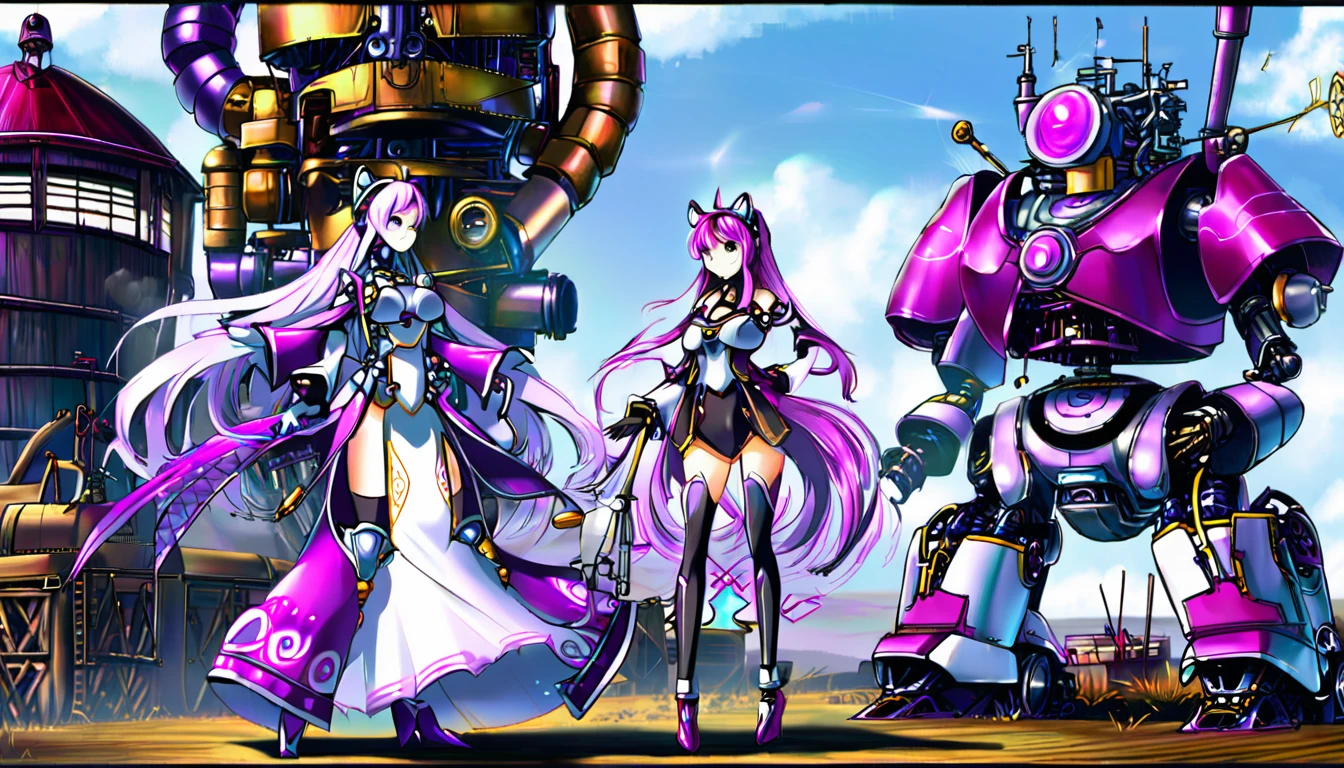 (Steam Punk)(Extreme complexity, two subjects)(subject 1: cryptic girl (CrptGrl), purple white gradient long hair, indifferent, kind, in her iconic outfit) (subject 2: female clockwork robot companion(several shiny metallic sections, steam exhaust ports), high fantasy mechanic outfit, very big eyes and ears) assemble and test a farm work themed mecha, blue prairie, ethereal, fantasy, magical realism, highly detailed, 8k, cinematic lighting, vibrant colors, dramatic composition, intricate details, imaginative, cinematic perspective, surreal, dreamlike, whimsical, beautiful, magical, (best quality,4k,8k,highres,masterpiece:1.2),ultra-detailed,(realistic,photorealistic,photo-realistic:1.37) (show both women head to toe)
