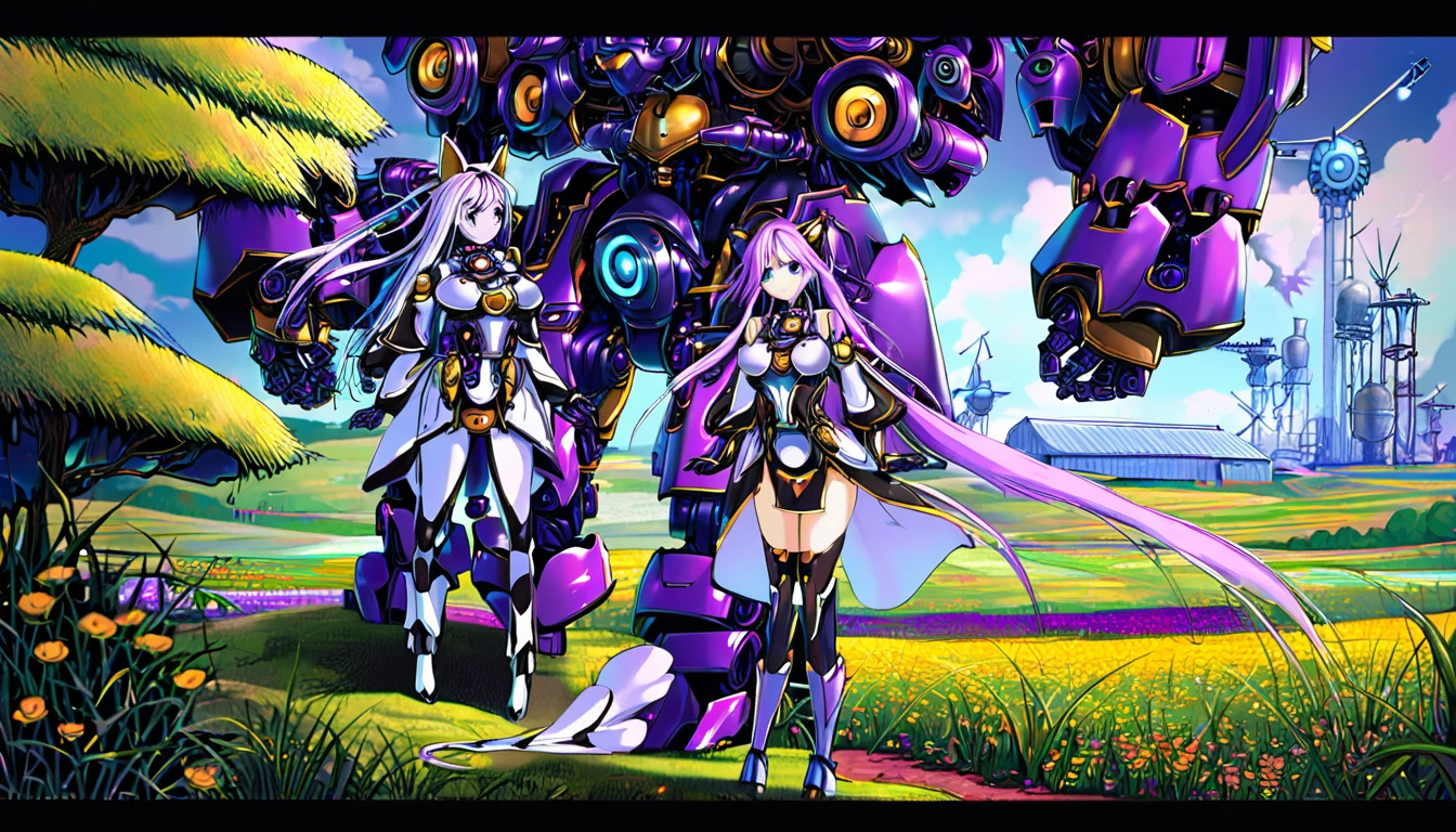 (Steam Punk)(Extreme complexity, two subjects)(subject 1: cryptic girl (CrptGrl), purple white gradient long hair, indifferent, kind, in her iconic outfit) (subject 2: female clockwork robot companion(several shiny metallic sections, steam exhaust ports), high fantasy mechanic outfit, very big eyes and ears) assemble and test a farm work themed mecha, blue prairie, ethereal, fantasy, magical realism, highly detailed, 8k, cinematic lighting, vibrant colors, dramatic composition, intricate details, imaginative, cinematic perspective, surreal, dreamlike, whimsical, beautiful, magical, (best quality,4k,8k,highres,masterpiece:1.2),ultra-detailed,(realistic,photorealistic,photo-realistic:1.37) (show both women head to toe)
