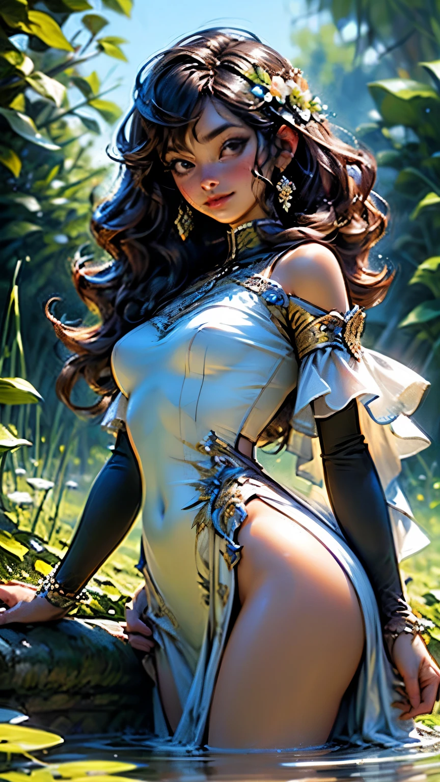 Stunningly airy slay, brown eyes, her figure is elegantly draped in a flowing summer dress, shimmering in the sun. The fabric, shimmering with delicate pastel shades, gently flutters in the warm breeze, and golden curls flow down her back like liquid sunlight. This exquisite portrait conveys her beauty with a touch of fairy-tale wonder, almost like a painting brought to life in a surreally vivid photograph.