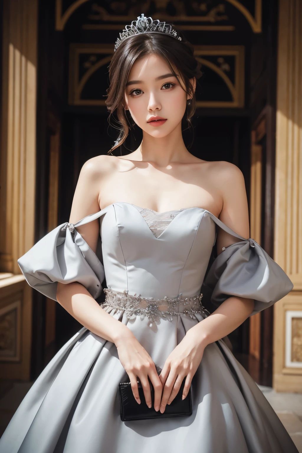  1 woman, Princess Dress, Gray dress with small black details, in the palace, magazine pose, 
