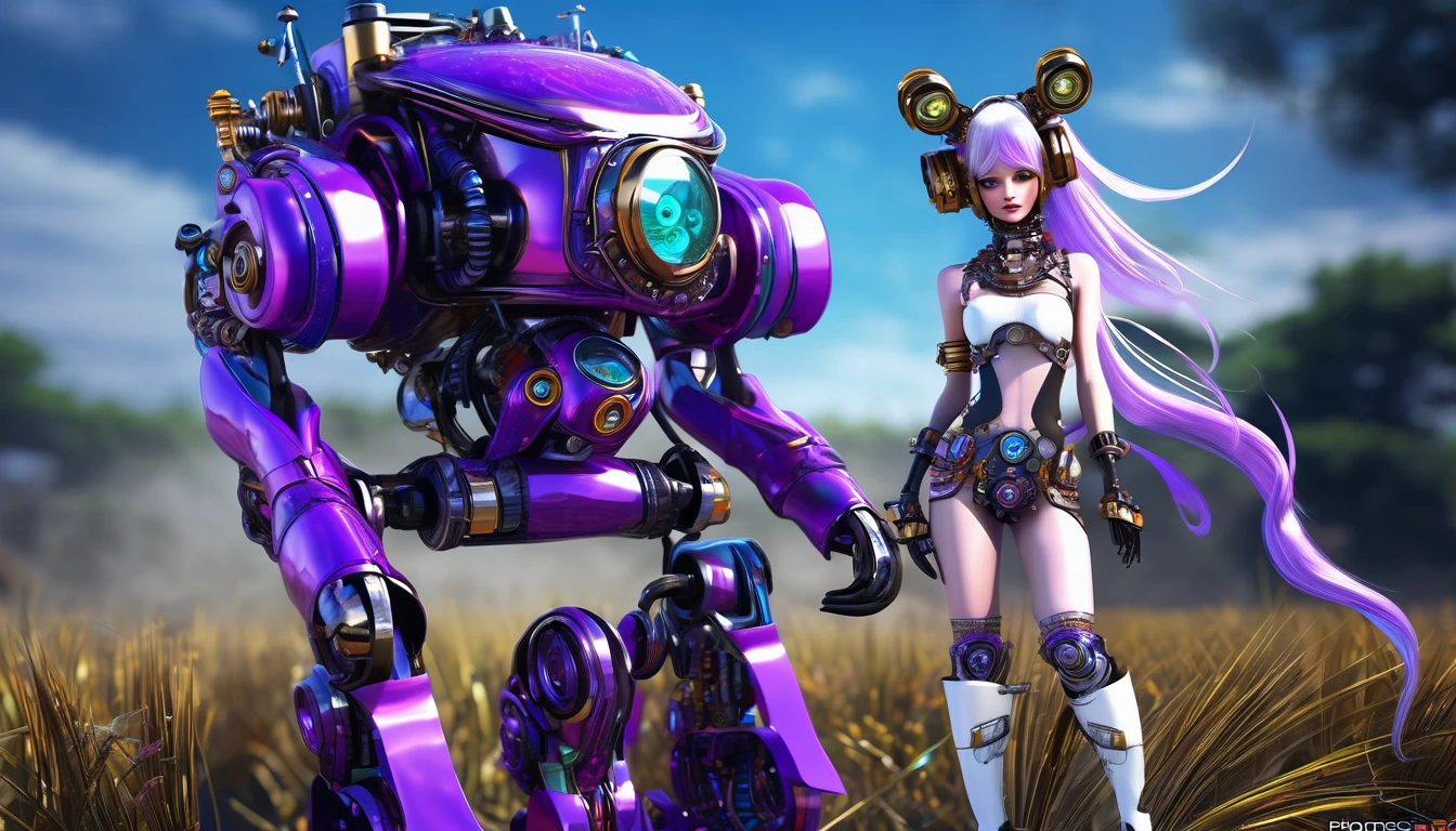 (Steam Punk)(Extreme complexity, two subjects)(subject 1: cryptic girl (CrptGrl), purple white gradient long hair, indifferent, kind, in her iconic outfit) (subject 2: female clockwork robot companion(several shiny metallic sections, steam exhaust ports), high fantasy mechanic outfit, very big eyes and ears) assemble and test a farm work themed mecha, blue prairie, ethereal, fantasy, magical realism, highly detailed, 8k, cinematic lighting, vibrant colors, dramatic composition, intricate details, imaginative, cinematic perspective, surreal, dreamlike, whimsical, beautiful, magical, (best quality,4k,8k,highres,masterpiece:1.2),ultra-detailed,(realistic,photorealistic,photo-realistic:1.37) (show both women head to toe)
