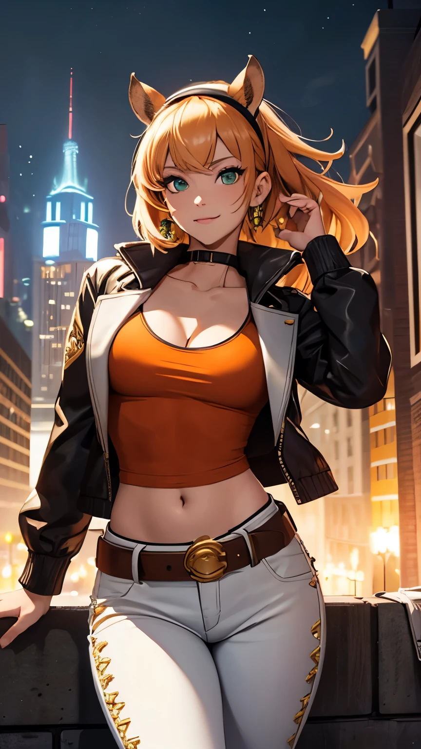 ,(Highly quality, masterpiece, detailed), Night city detailed scenario, Night city detailed background, 20 years old girl, cleavage, smile, green eyes, Squirrel girl, shirt hair, hairband, Brown jacket, orange shirt, crop top, gold belt, white pants, boots, fluffy boots, Squirrel tail, Abdomen, Navel, beautiful eyes, perfect eyes, looking at the viewer, Sexy pose