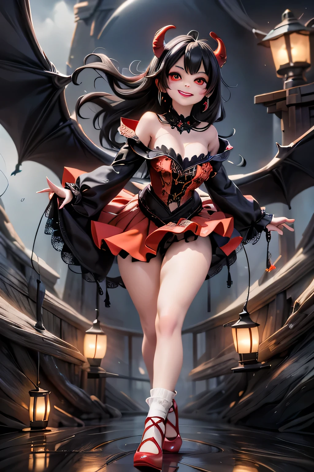 a Senorita Bonita horned demon smiling, black feathered wings, large black hair, big earrings, (red smokey eyes makeup), (red eyeshadow makeup), strapless lace cloth (crop) shirt, puffy bubble skirt, white large socks, black (pumps), leaning forward, hand to the front, joyful pose, (dynamic angle), magical glowing chasm garden at night, fantasy creepy workd, face scratches, hair and clothing moving with the wind, magical lanterns floating all around, sfw