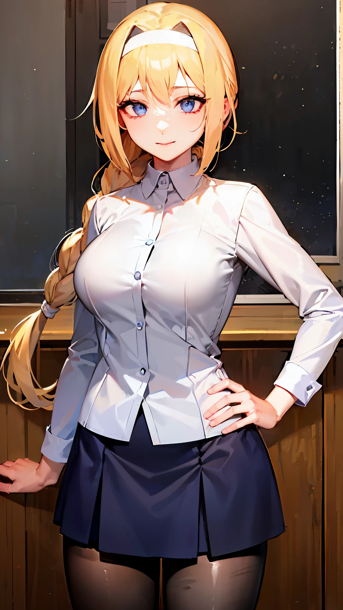 1girl, alice zuberg, bangs, blue eyes, blonde hair, hair between eyes, very long hair, braid, hairband, white hairband,
BREAK (long sleeves, , skirt, pantyhose:1.2)
BREAK looking at viewer, hand on hip, office, indoors, depth of field, gasping, ecstasy, seductive smile, BREAK (masterpiece:1.2), best quality, high resolution, unity 8k wallpaper, (illustration:0.8), (beautiful detailed eyes:1.6), extremely detailed face, perfect lighting, extremely detailed CG, (perfect hands, perfect anatomy),