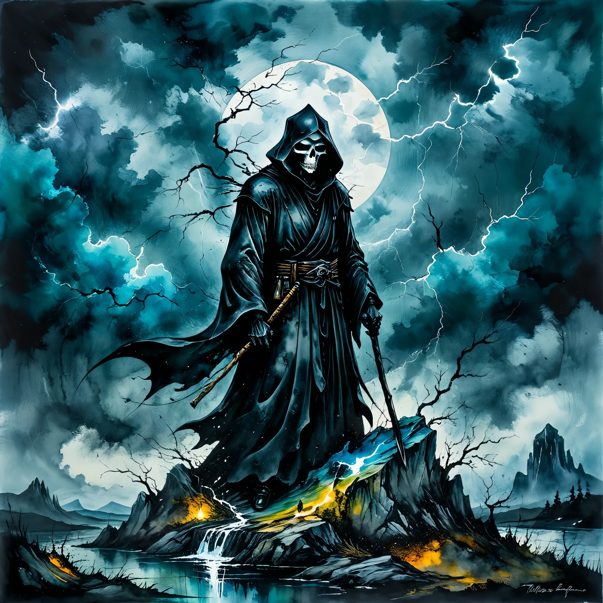 (The art of alcohol ink), The painting is painted with alcohol ink on textured paper and depicts a beautiful minimalist landscape with Black Grim Reaper standing on a rock, Black Grim Reaper looks menacing and dark, in the background a gloomy sky with clouds and lightning, the painting is done with alcohol paint, o trabalho de um mestre, Contornos claros, 32k