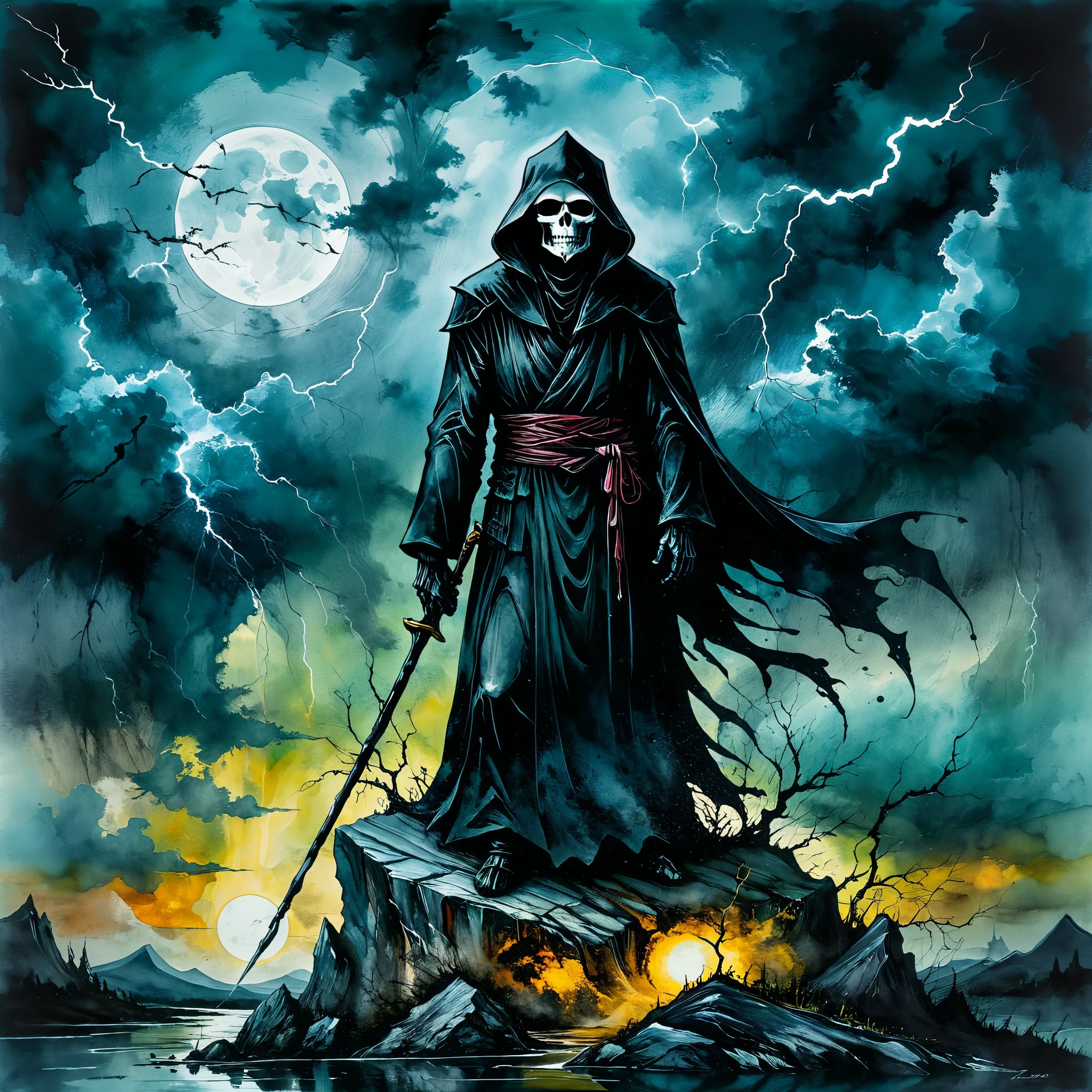 (The art of alcohol ink), The painting is painted with alcohol ink on textured paper and depicts a beautiful minimalist landscape with Black Grim Reaper standing on a rock, Black Grim Reaper looks menacing and dark, in the background a gloomy sky with clouds and lightning, the painting is done with alcohol paint, o trabalho de um mestre, Contornos claros, 32k