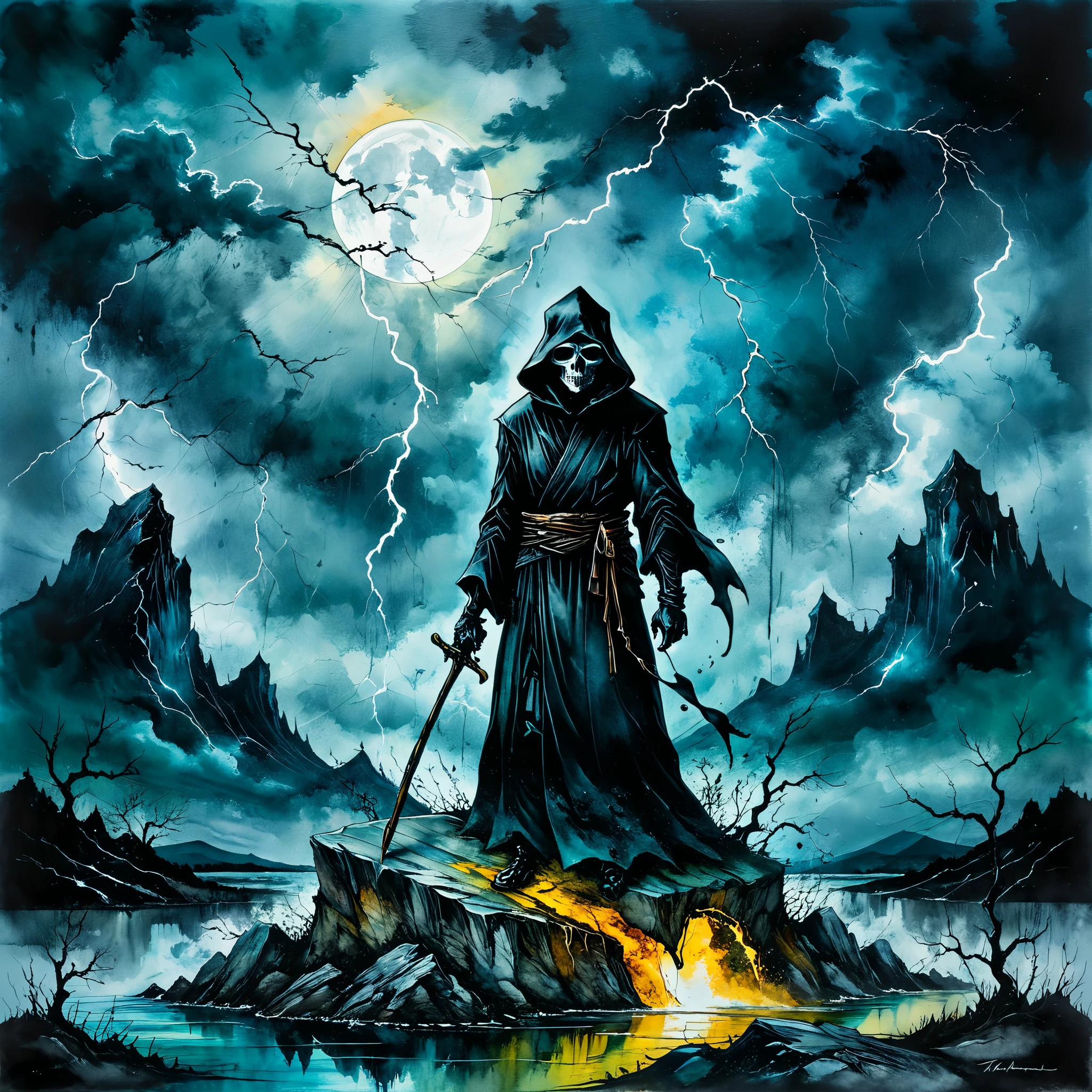 (The art of alcohol ink), The painting is painted with alcohol ink on textured paper and depicts a beautiful minimalist landscape with Black Grim Reaper standing on a rock, Black Grim Reaper looks menacing and dark, in the background a gloomy sky with clouds and lightning, the painting is done with alcohol paint, o trabalho de um mestre, Contornos claros, 32k